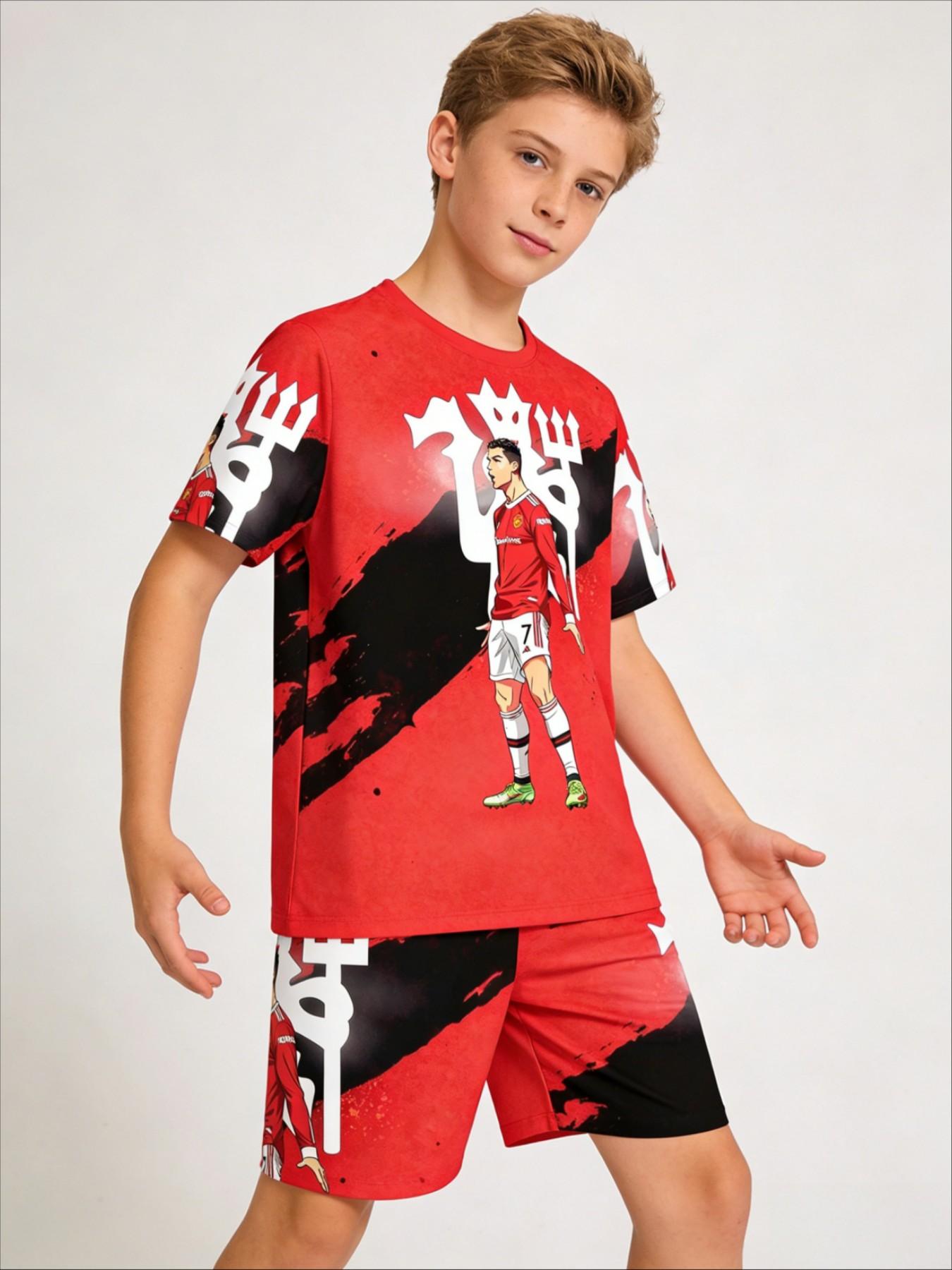 Boys' Colorblock Manchester United Cr7 Anime Print Tee and Track Shorts, Casual Summer, Party, Vacation, School Wear