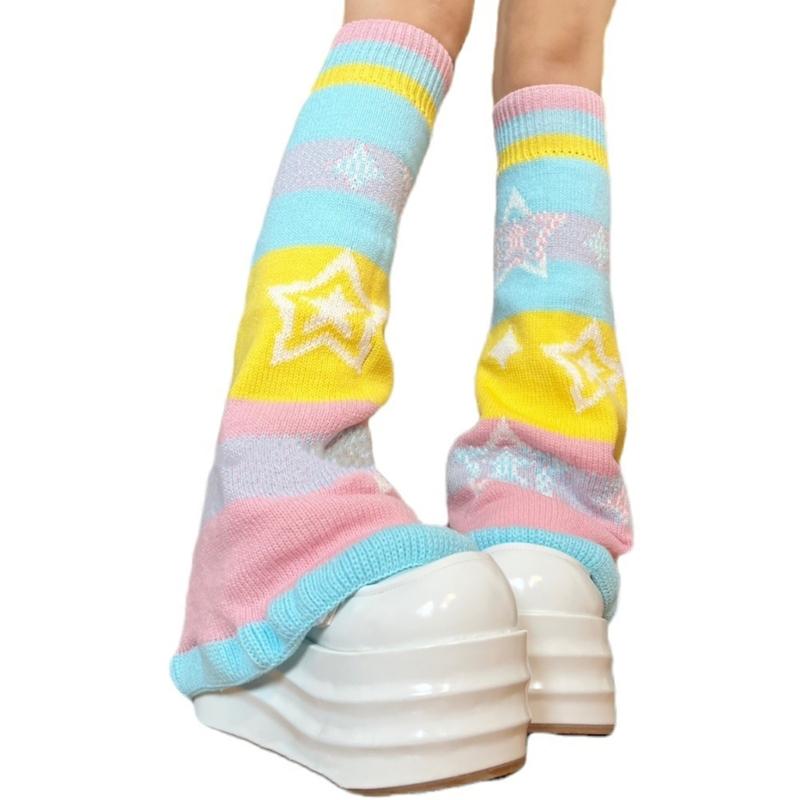 Women Girls Candy Color Rainbow Flared Leg Warmers Sweet Star Pattern Aesthetic Knitted Footless Covers Socks for Adults Teens