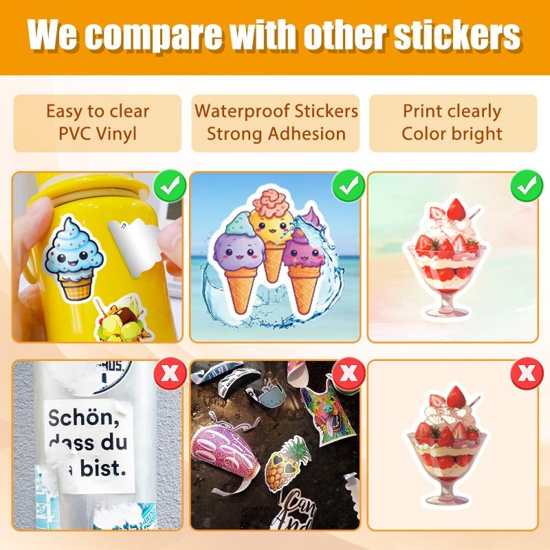 50 sheets colorful ice cream cone stickers, featuring an Instagram-inspired summer theme, showcasing cute designs of chocolate ice cream cones and graffiti-style stickers