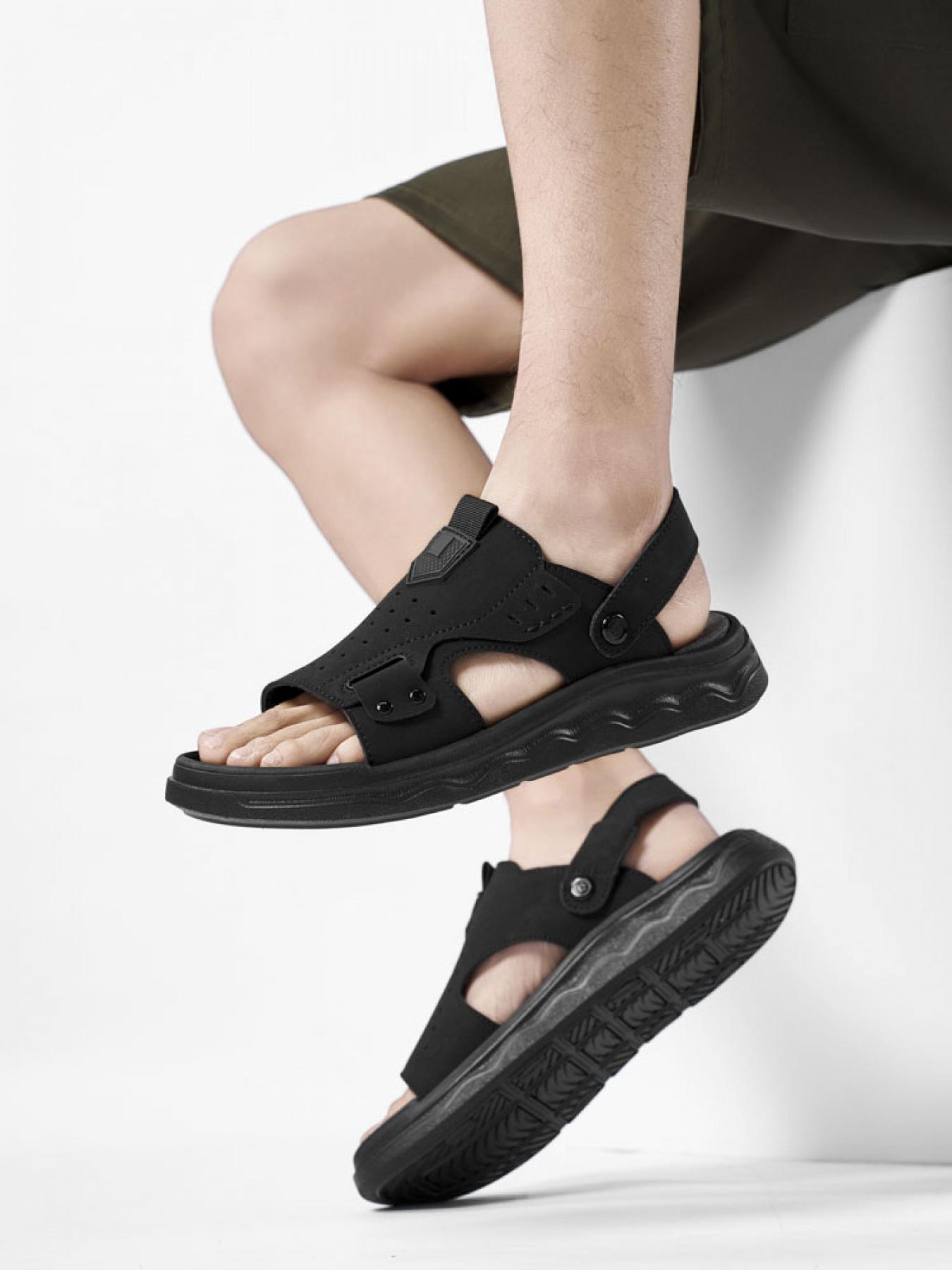 Men's Solid Color Dual-Wear Velcro Closed-Toe Sandals Thick-Soled Breathable Beach Shoes Non-Slip Wear-Resistant Outdoor Water-Resistant Sandals