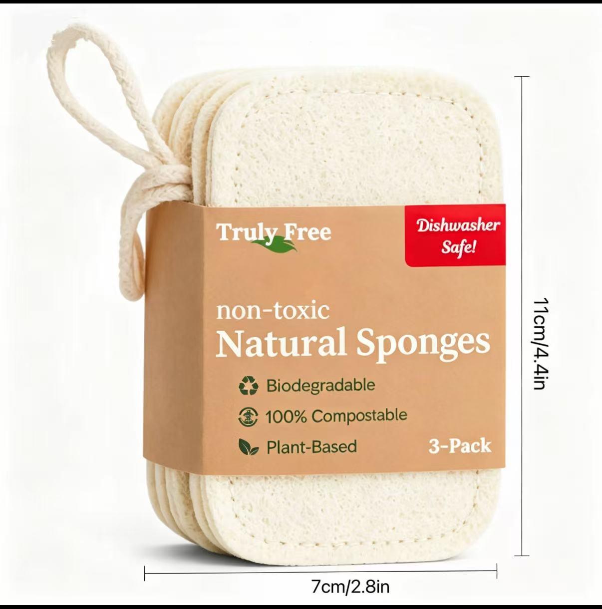 Free Natural Cleaning Sponges, Sponges For Cleaning, Non Toxic Sponges, 100% Organic Luffa Dish Scrubber, Plant-Based, Compostable, Biodegradable Sponges, Cruelty Free, Non Scratch Scouring Pad, 4.4 x 2.8, Pack of 3 Cleaner
