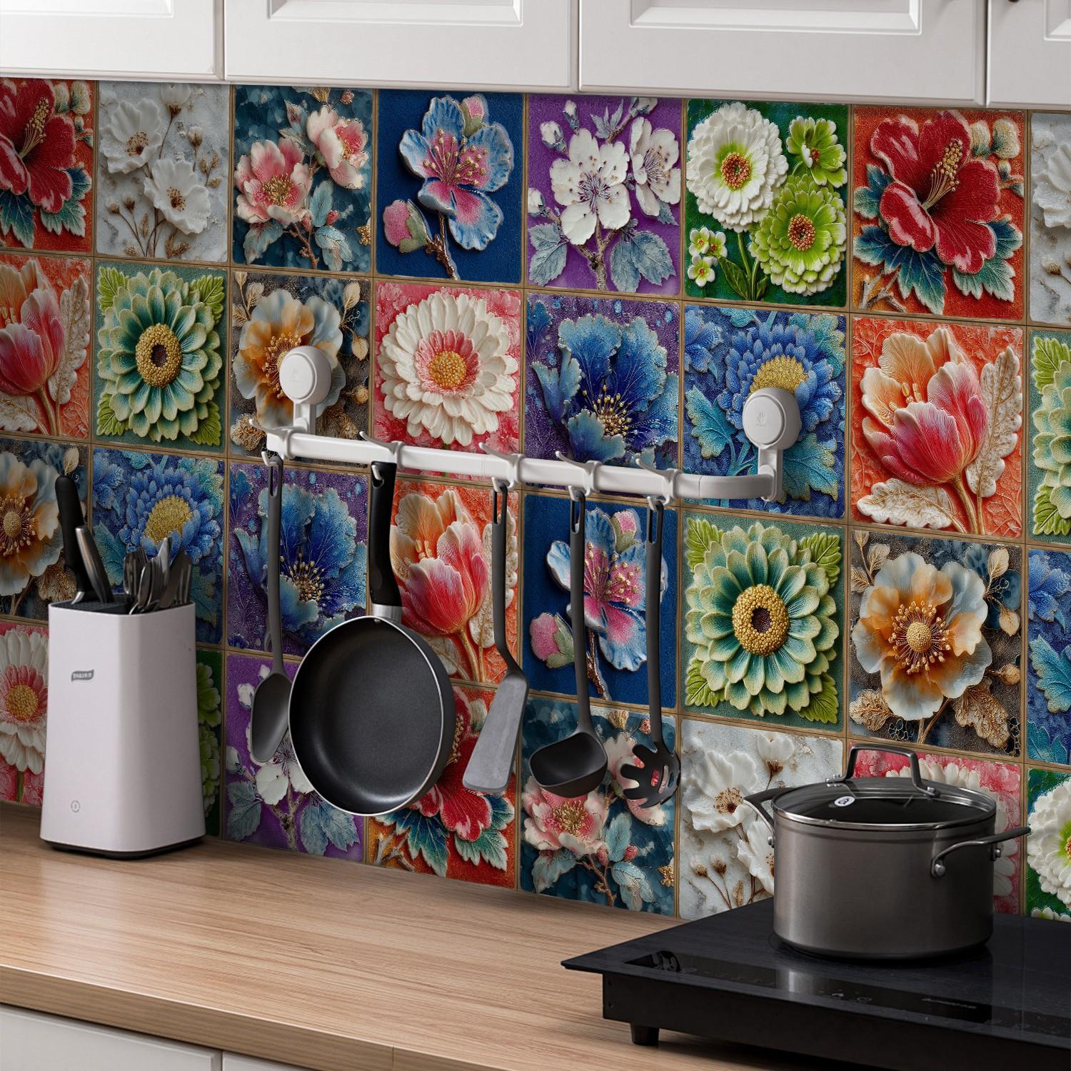 24PCS/Box NHZ 3D Embossed Floral Tile Stickers | Crystal Film Peel & Stick DIY Backsplash | Waterproof Oil-Proof for Kitchen/Bathroom/Furniture/Stairs/Wall Renovation