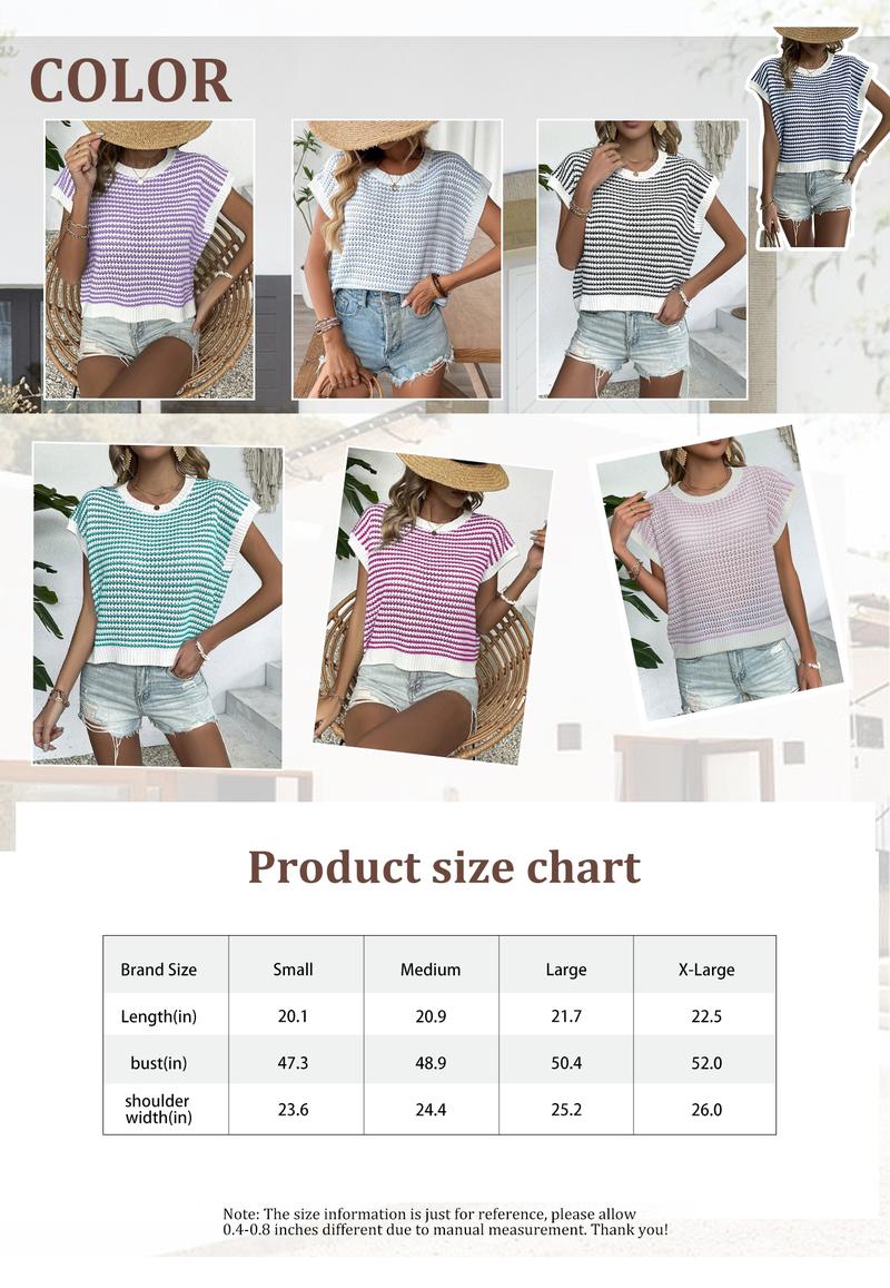 Women's Striped Knitted Vest Top, Round Neck Cap Sleeve Casual Loose Fit, Elegant Summer Fashion, Versatile Women's Knitwear