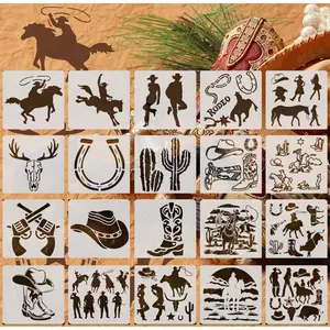20-Pack Western Cowboy Stencils - 6x6 Inch Reusable PET Plastic Painting Templates for Wall Art, Wood, Fabric, Baking Decor, DIY Crafts & Scrapbooking