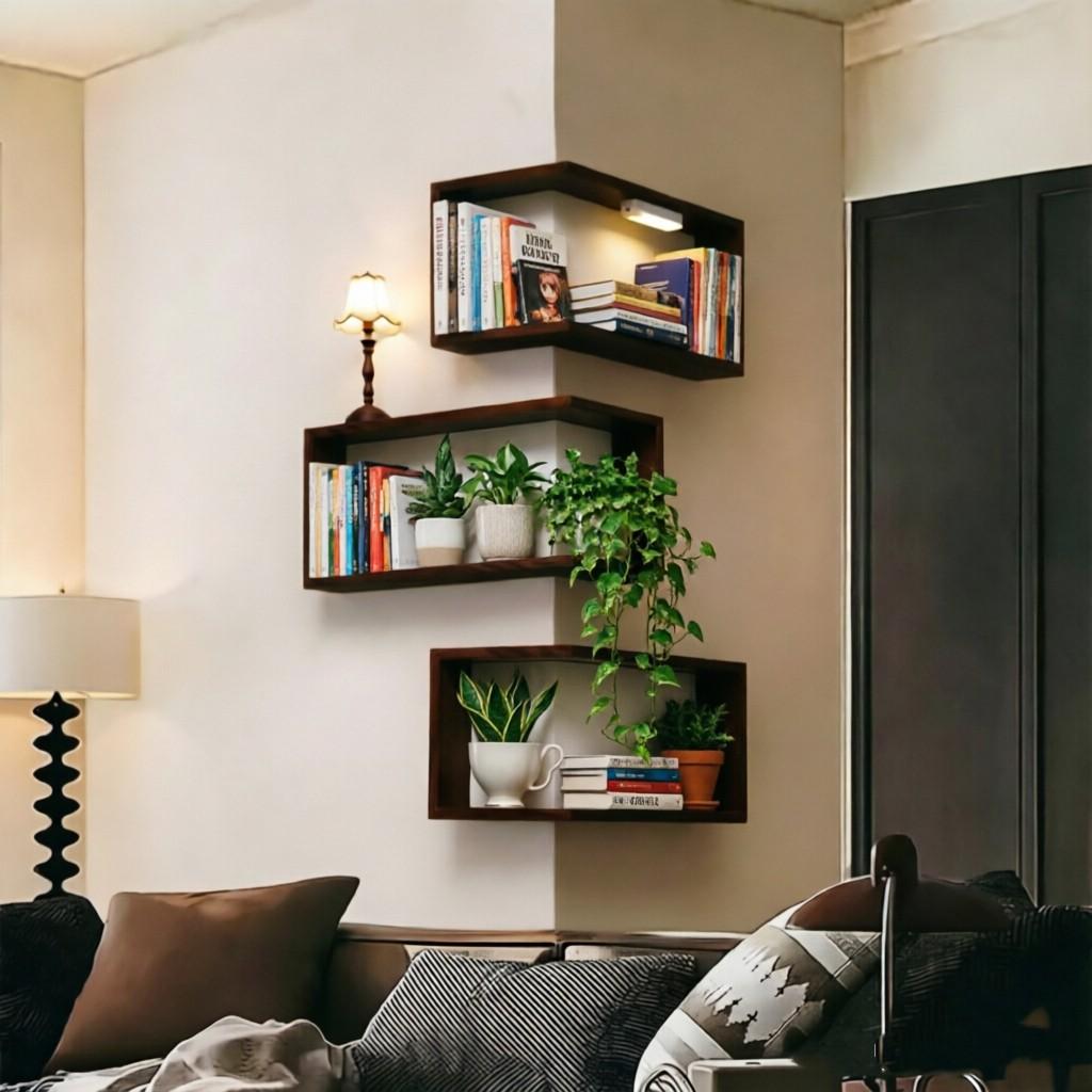 Wall Corner Shelf for Living Room and Bedroom, Vintage Style Floating Storage Rack, Versatile Decorative Organizer for Plants and Books