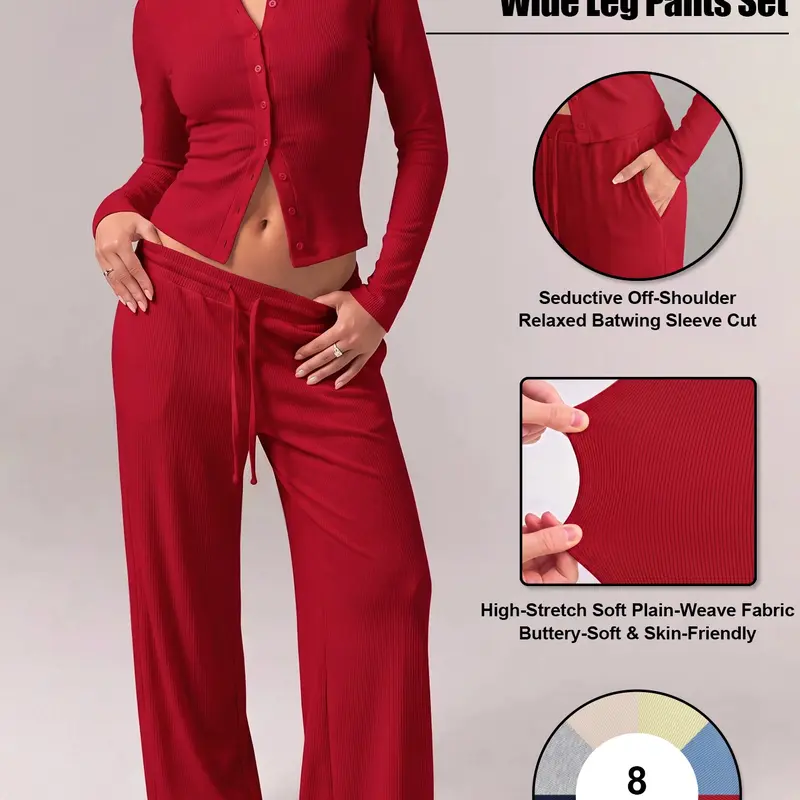 Women's Long Sleeve Round Neck Top & Wide Leg Pants, Knit Button Cardigan & Trousers Set, Two Piece Outfit, Spring Fall Solid Color Slim Fit, Casual Fashion Comfortable Clothes