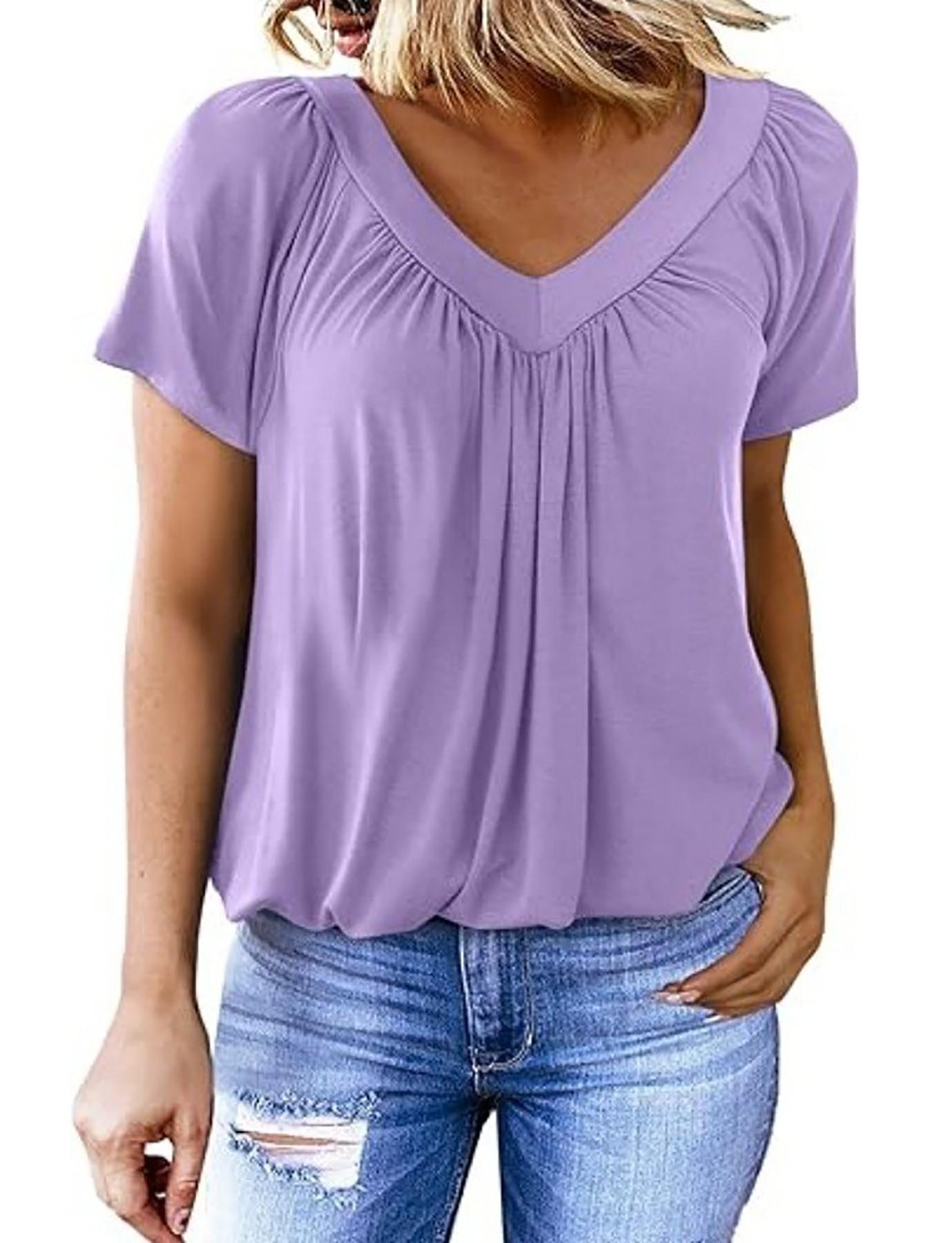 Women's Short Sleeve Casual Tops, Dressy V Neck T-Shirts, Loose Fit Summer Pleated Blouses, Comfortable and Stylish Clothing
