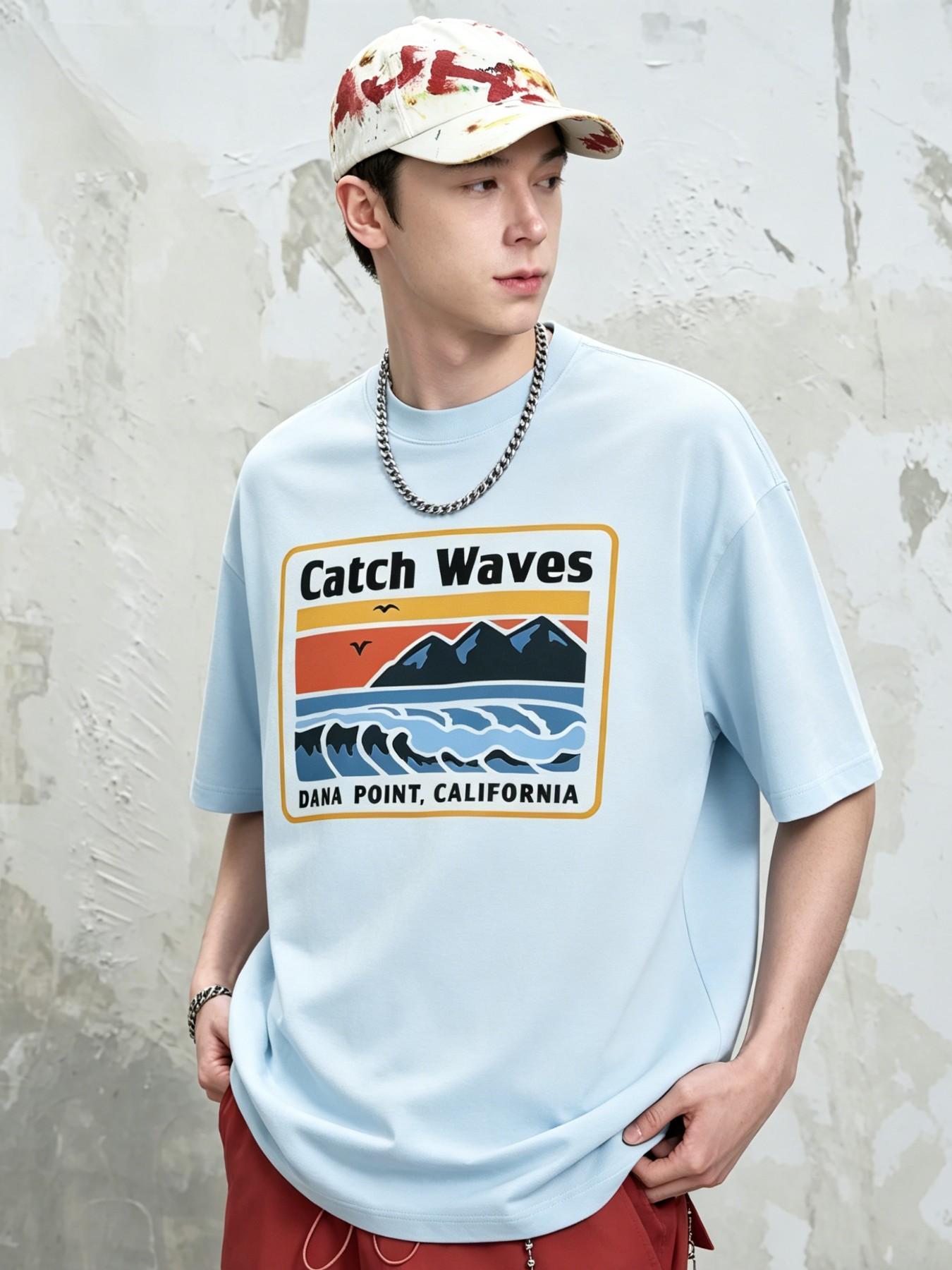 Men's Catch Waves Surfing Style Cotton T-Shirt, Loose Fit Short Sleeve Top, American Vintage Design, Long Clothing Length
