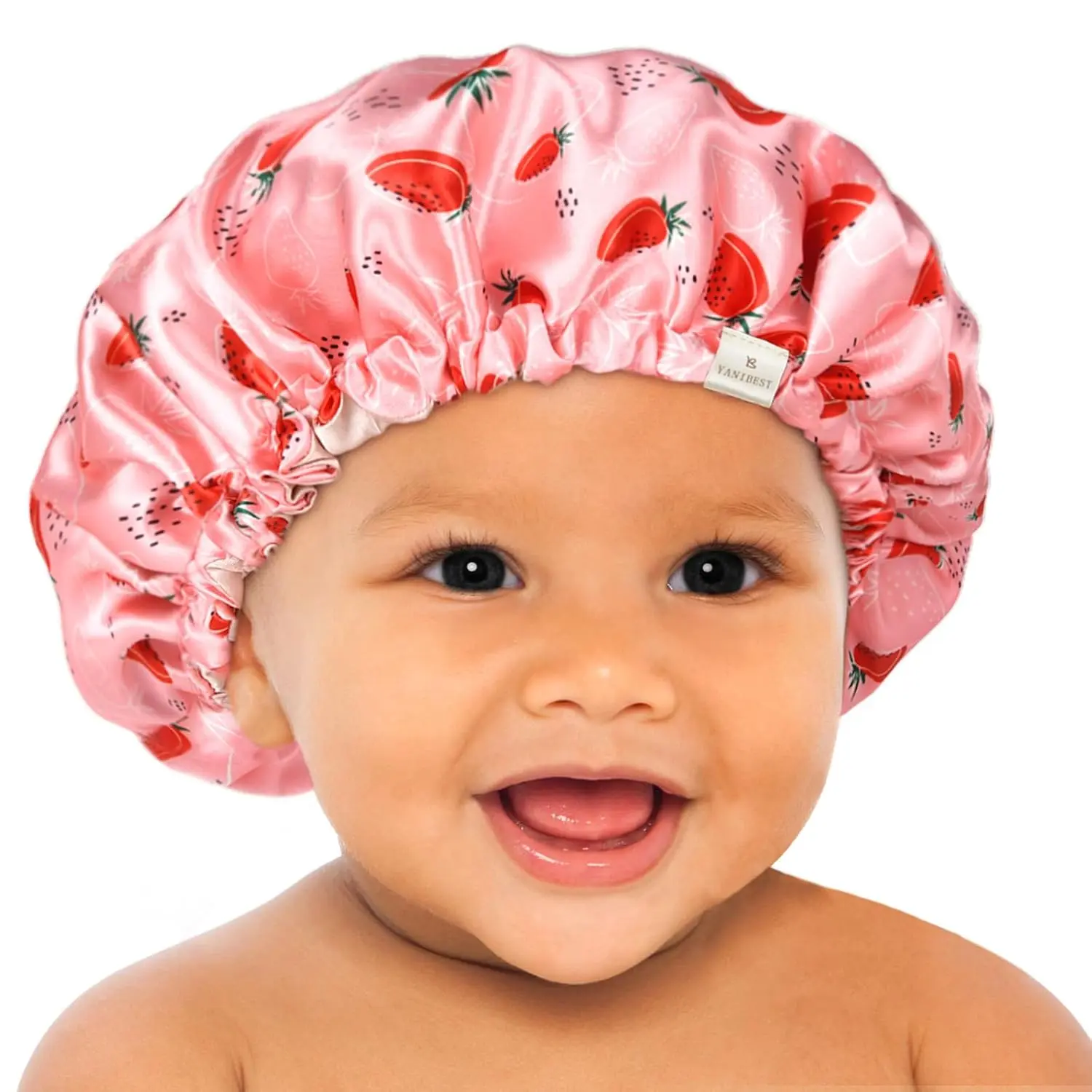 Baby Satin Bonnet Sleep Cap - Double Layer Reversible Adjustable Silky Satin Cap Infant Toddler(6-36Months,Strawberry)