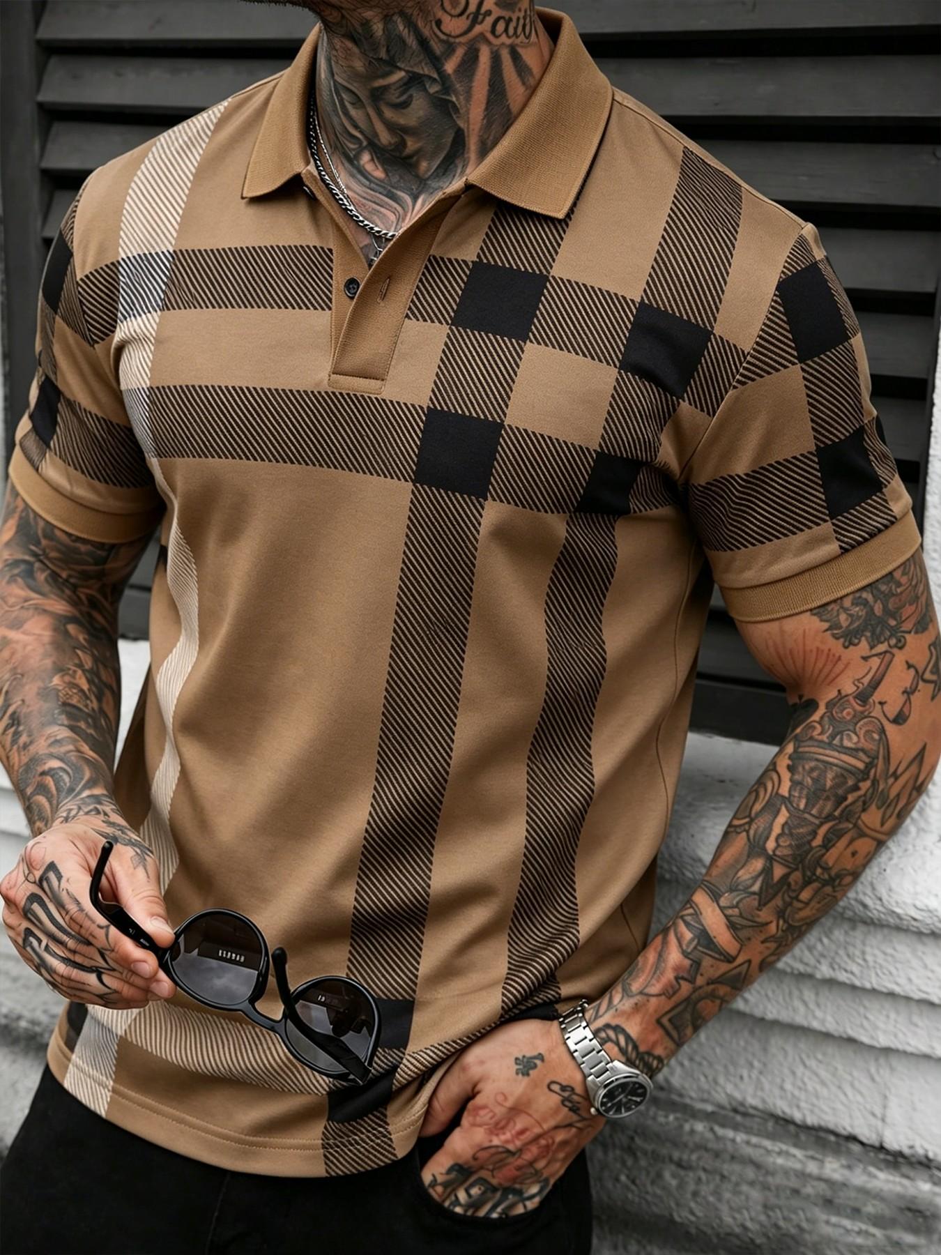 Vintage Plaid Polo Shirt Men Khaki Checkered Short Sleeve Tees Old Money Aesthetic Classic Casual Streetwear Muscle Fit Summer Daily Date Night Outfits