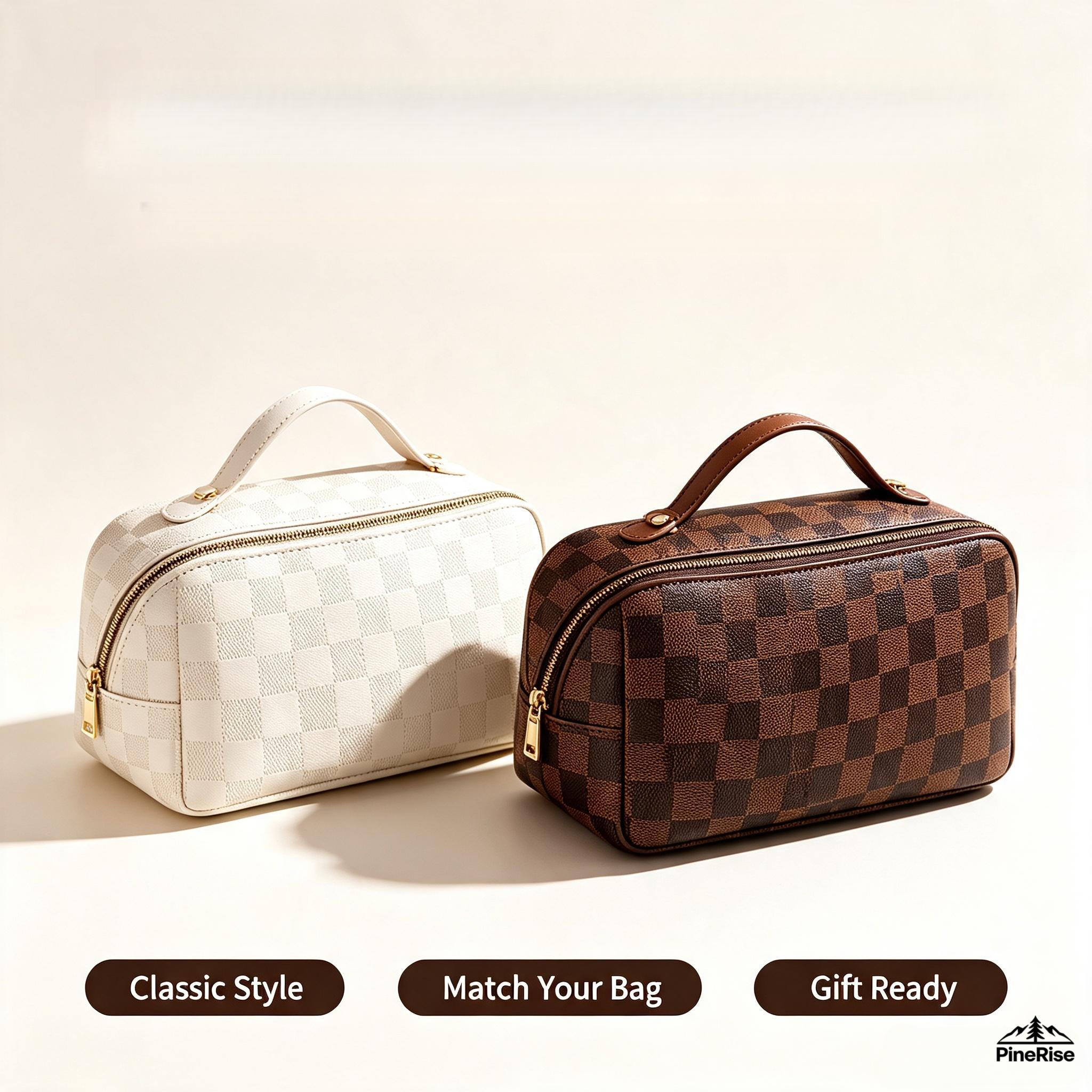 Women's Checkered Pillow-Shaped Cosmetic Bag - Waterproof, Lightweight, Large Capacity Zipper Closure Toiletry Organizer for Travel, Outdoor Camping, Daily Commute