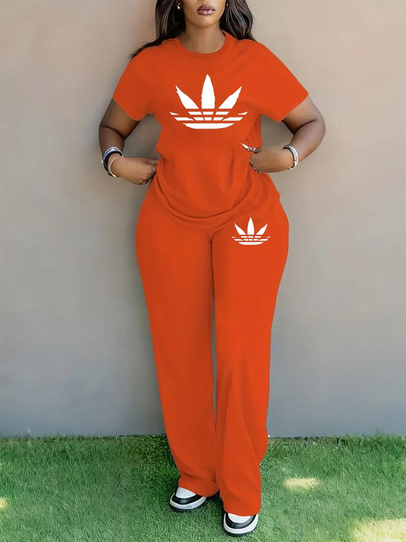 Women's Plus Size Spring Summer Fashion Print Round Neck Short Sleeve T-Shirt & Wide Leg Pants Two-Piece Set, Casual Pocket Design Women's Plus Size Spring Summer Fashion Print Round Neck Short Sleeve T-Shirt & Wide Leg Pants Two-Piece Set, Casual Pocket Design