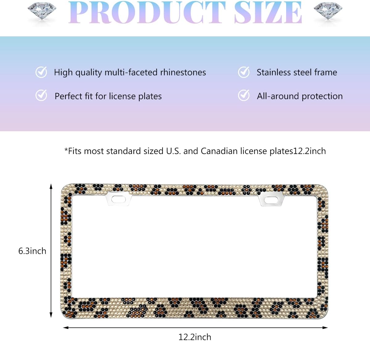 Bling License Plate Frame, Sparkly Rhinestone Car Tag Cover with Glittery Screw Caps, Stainless Steel Handcrafted Crystal Licence Plate Holder for Women, Car Accessories (Leopard Print) Bling License Plate Frame, Sparkly Rhinestone Car Tag Cover with Glittery Screw Caps, Stainless Steel Handcrafted Crystal Licence Plate Holder for Women, Car Accessories (Leopard Print)