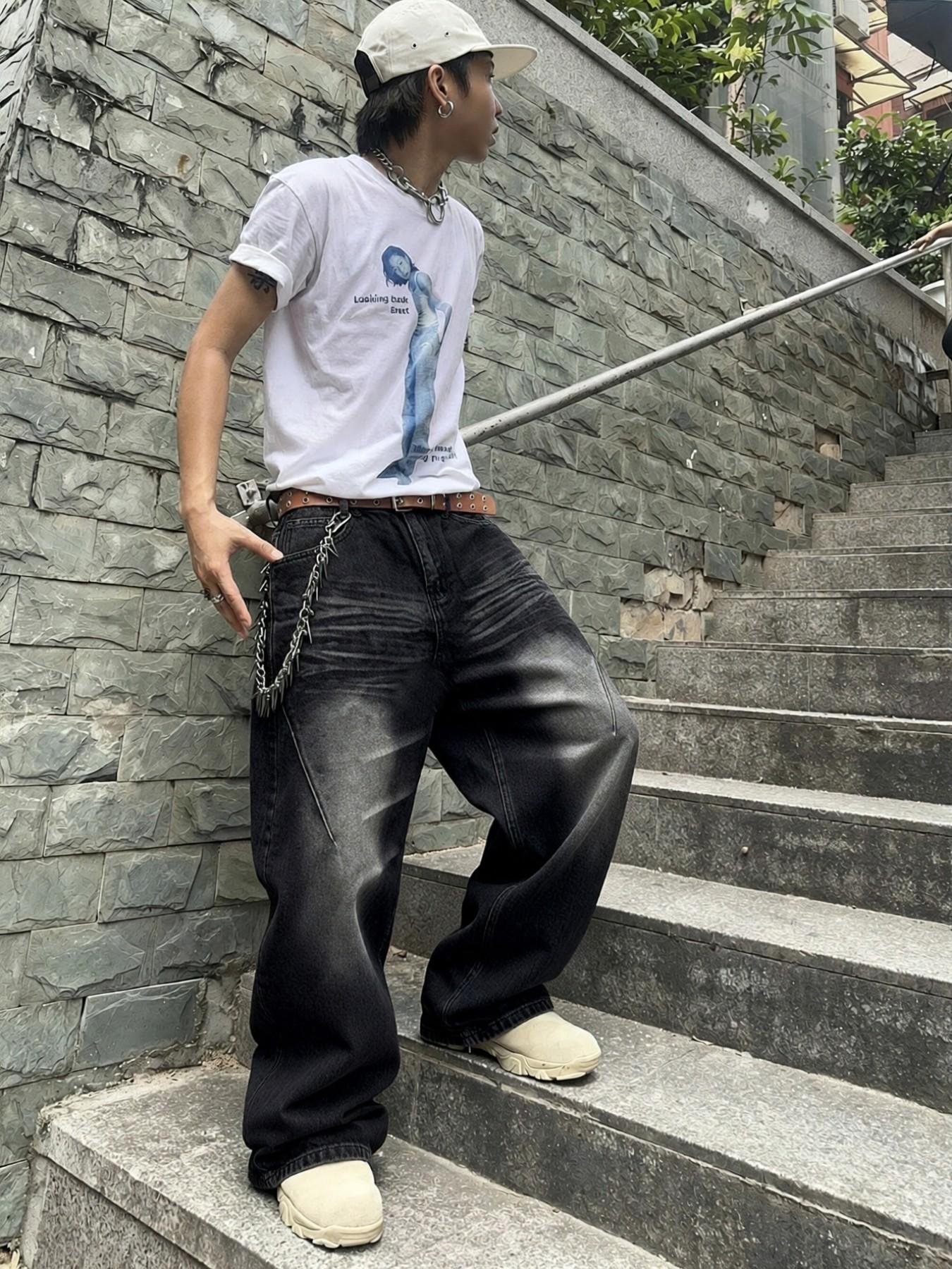 Y2K Retro Black Stone Washed Loose Jeans, Men's Streetwear Hip-Hop Casual Pants, Wide-Leg Loose Jeans with Distressed Effect, for Leisure Daily Wear