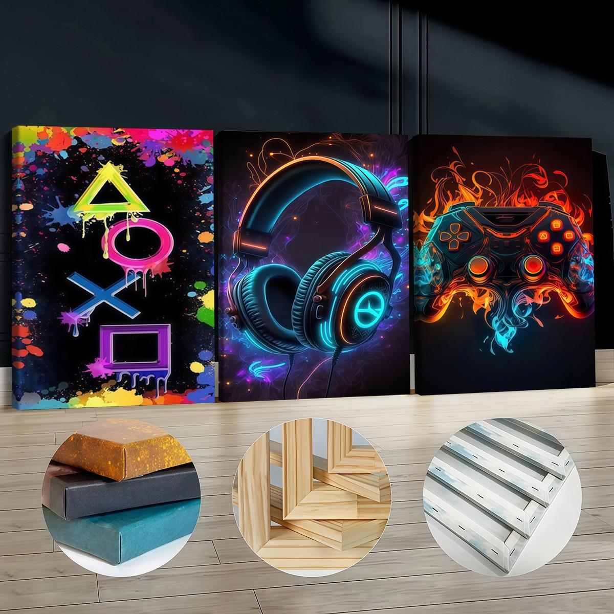 3-count wooden frame canvas, neon ink-wash game buttons, headphone controllers, e-sports triple poster, fashionable art, modern art, home decoration painting, Framed Home Decor, exquisite living room, bedroom and office wall art, waterproof art