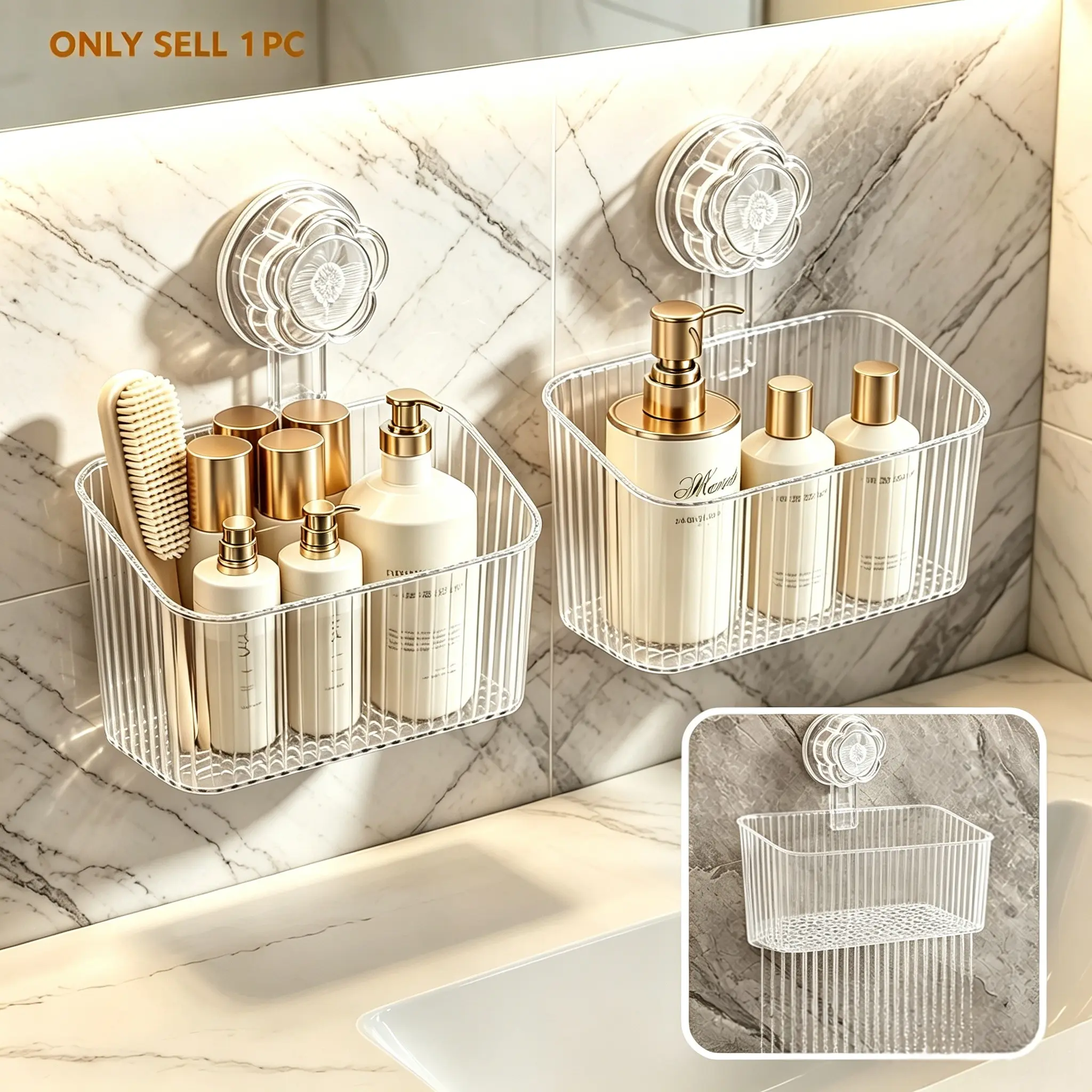 1 Pack Luxury Striped Suction‑Cup Storage Caddy, Drill‑Free Wall Mounted, Hollow Drain Basket for Bathroom & Kitchen, Bathroom Organizing Accessories