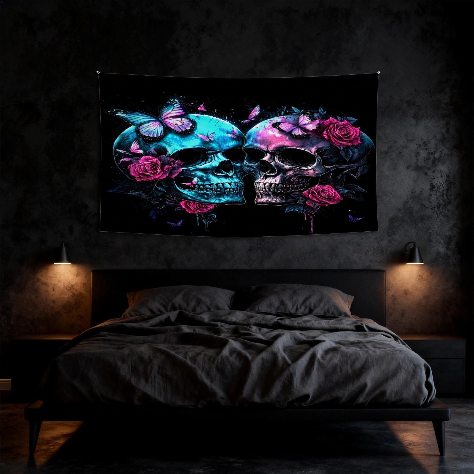 Neon Skull & Rose Print Tapestry, Gothic Aesthetic Style, Vivid & Fade-Resistant, Personalized Home Decor, Ideal for Bedroom, Living Room & Dorm, Perfect Keepsake Gift