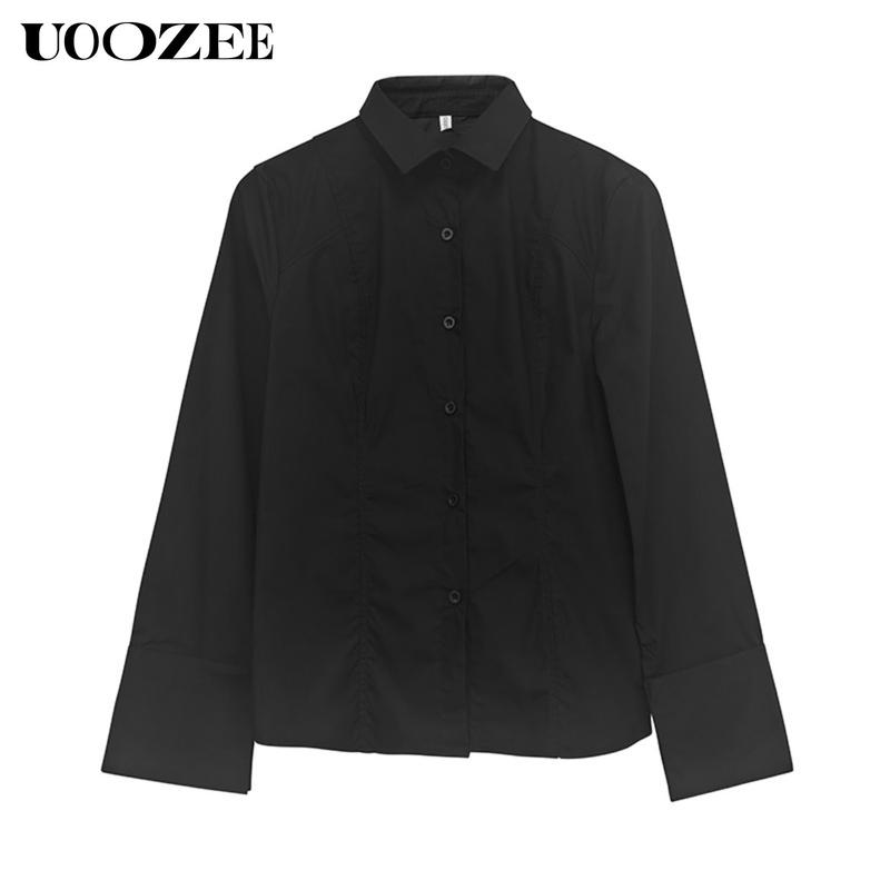UOOZE Women's long-sleeved Slim Fit button-down solid color lapel shirt top, 100% cotton, embellished with gold buttons, suitable for multiple occasions all seasons blouses (One Size Up Recommended for C - Cup and Above) Casual cute fall outfits