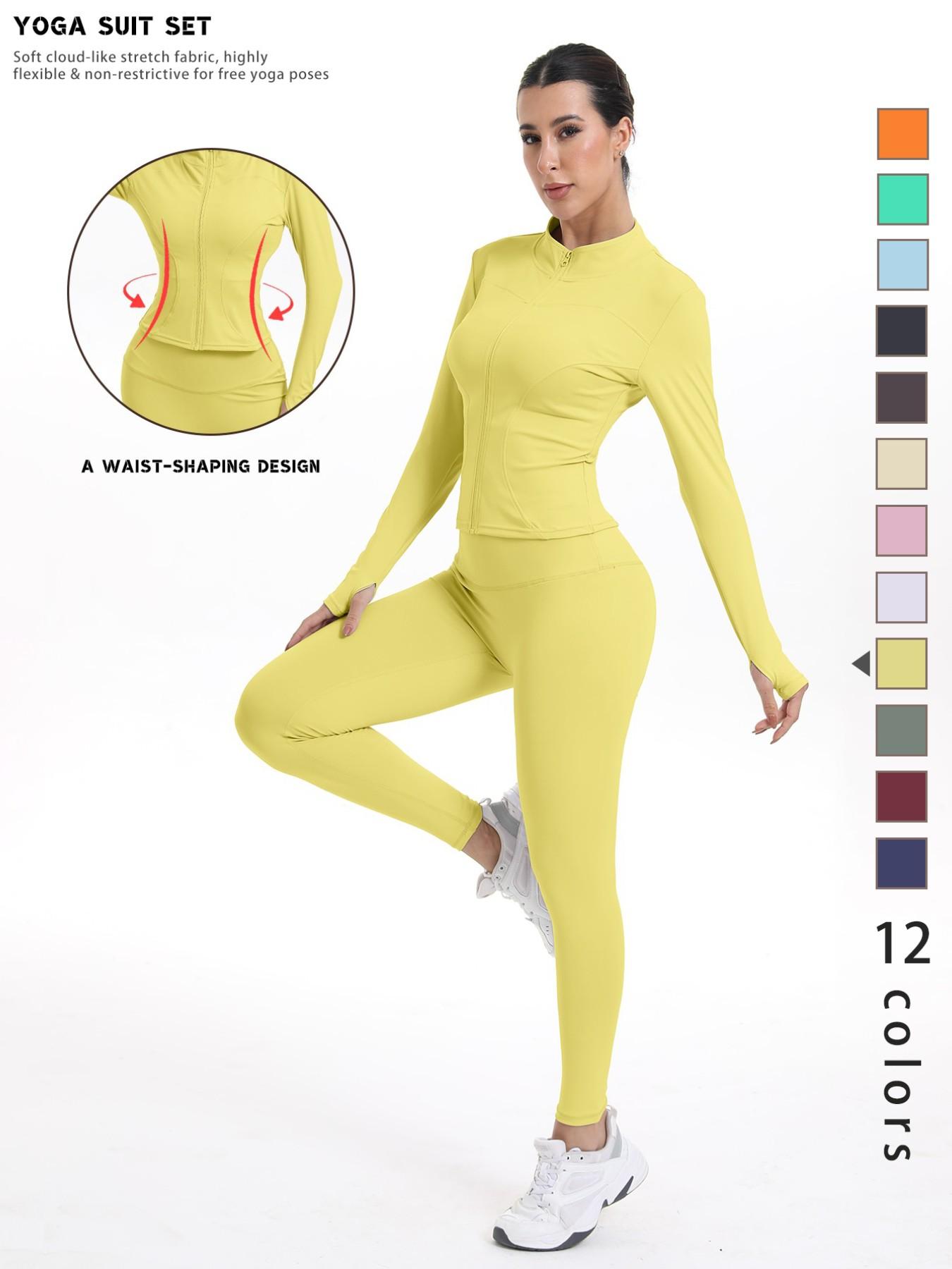 Women's Sporty Quick-Dry Two-Piece Set, New Fashion Slim Fit Yoga Pants, High Elasticity Long Sleeve Top, 12 Colors Available