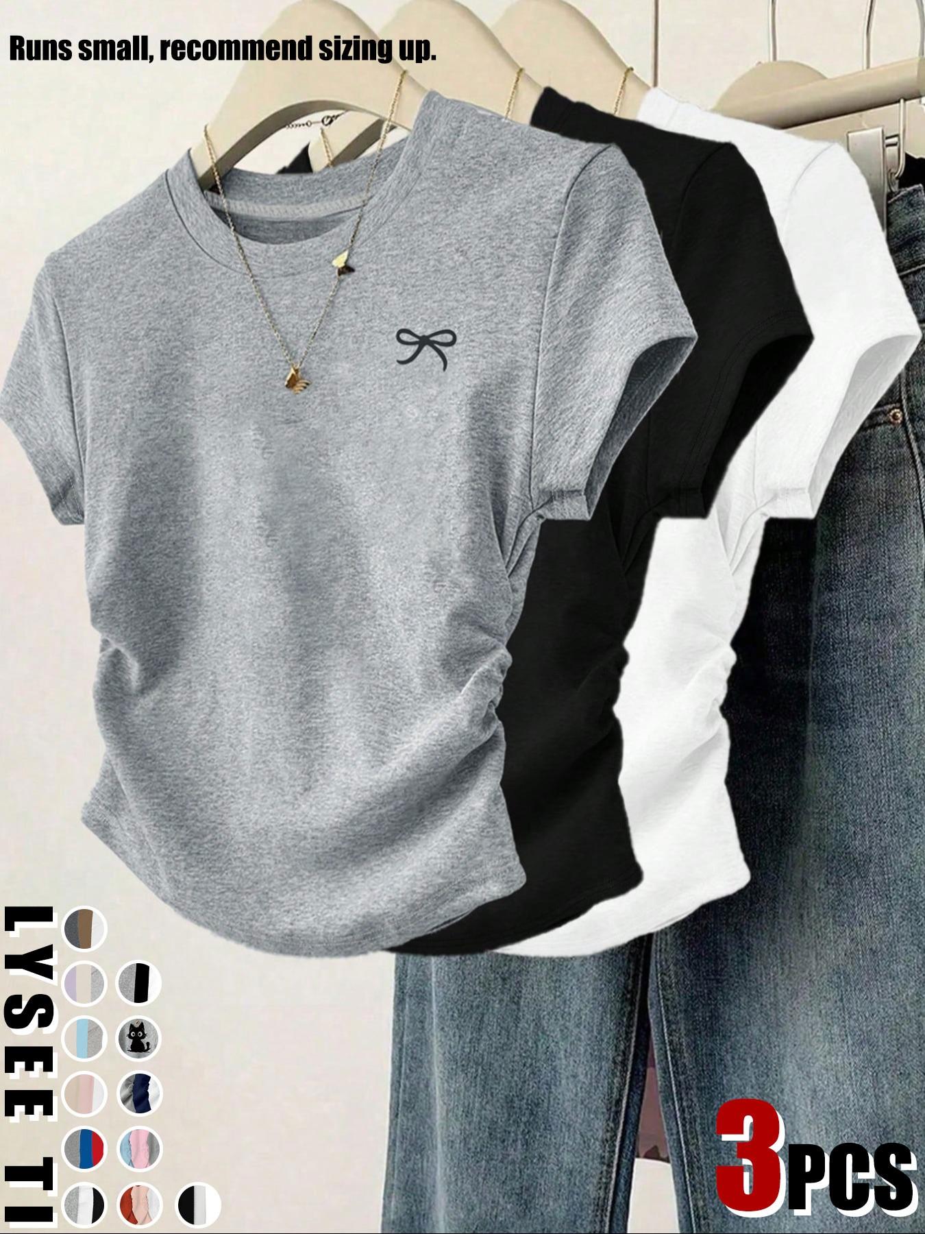 3pcs/1pc women's casual fashion slim fit small bow print details simple solid color pleated pullover shirt women's round neck short sleeved three piece T-shirt