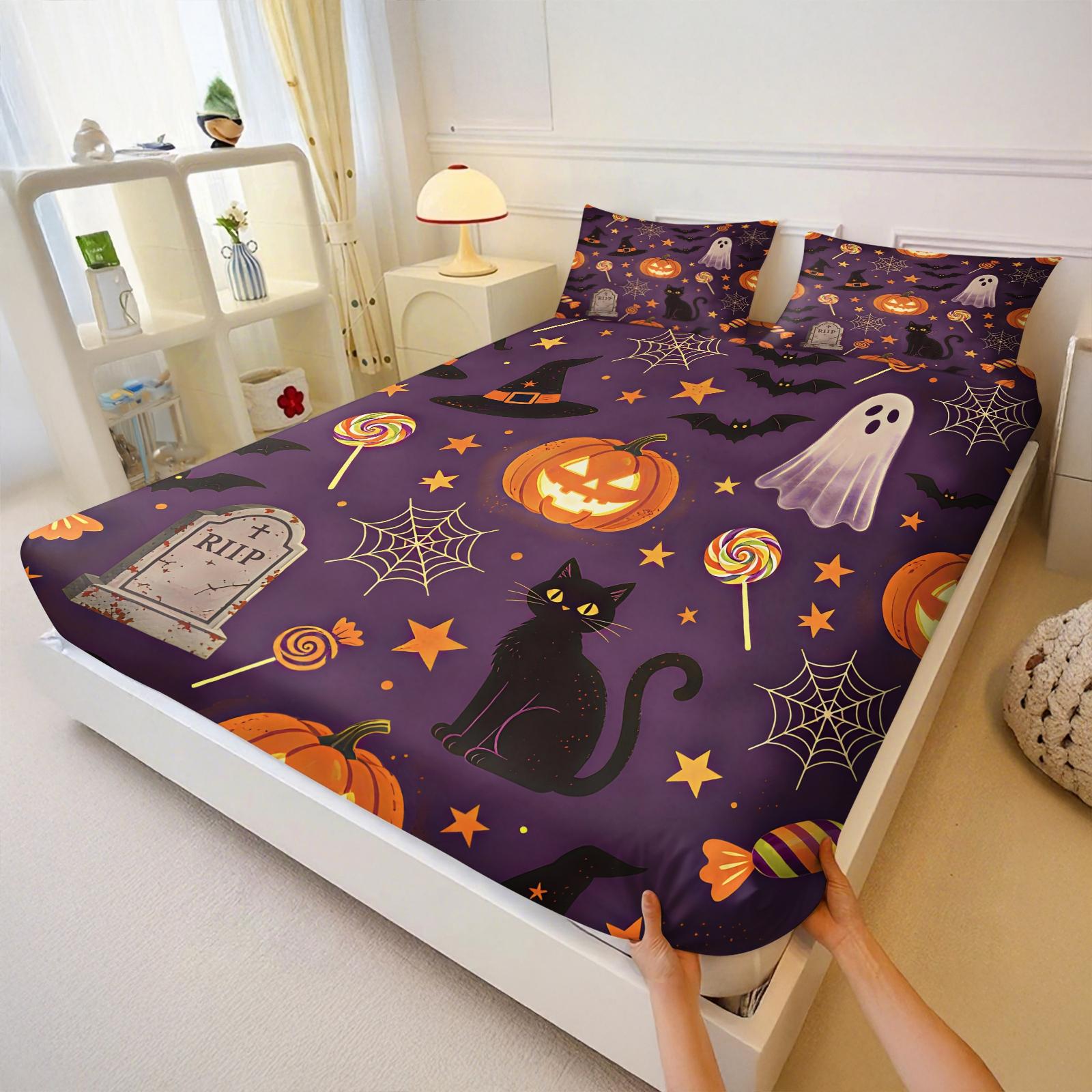 3Pcs Watercolor Halloween Pumpkin Ghost HD Digital Print Fitted Sheet Set, Washable Hypoallergenic Deep Pocket Mattress Cover For Edgy Girls All Season Dark Style Bedroom Decor, Polyester Bedding Set, Bed Sets Supplies