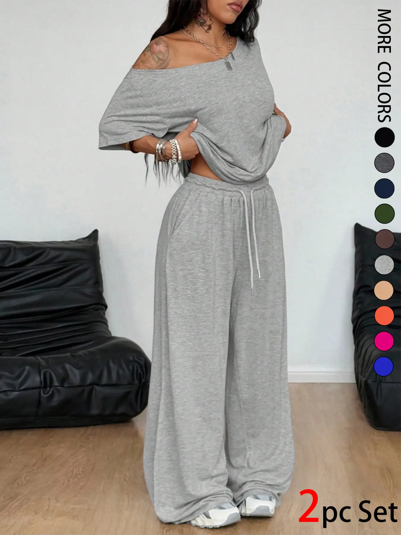 2pcs/Set Women's Minimalist Basic Daily Wear Going Out Sport Comfortable Baggy Off Shoulder T-Shirt And Wide Leg Pants Two Pieces Outfits