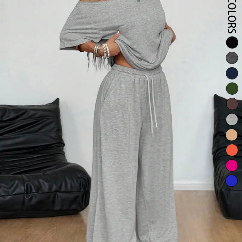 2pcs/Set Women's Minimalist Basic Daily Wear Going Out Sport Comfortable Baggy Off Shoulder T-Shirt And Wide Leg Pants Two Pieces Outfits
