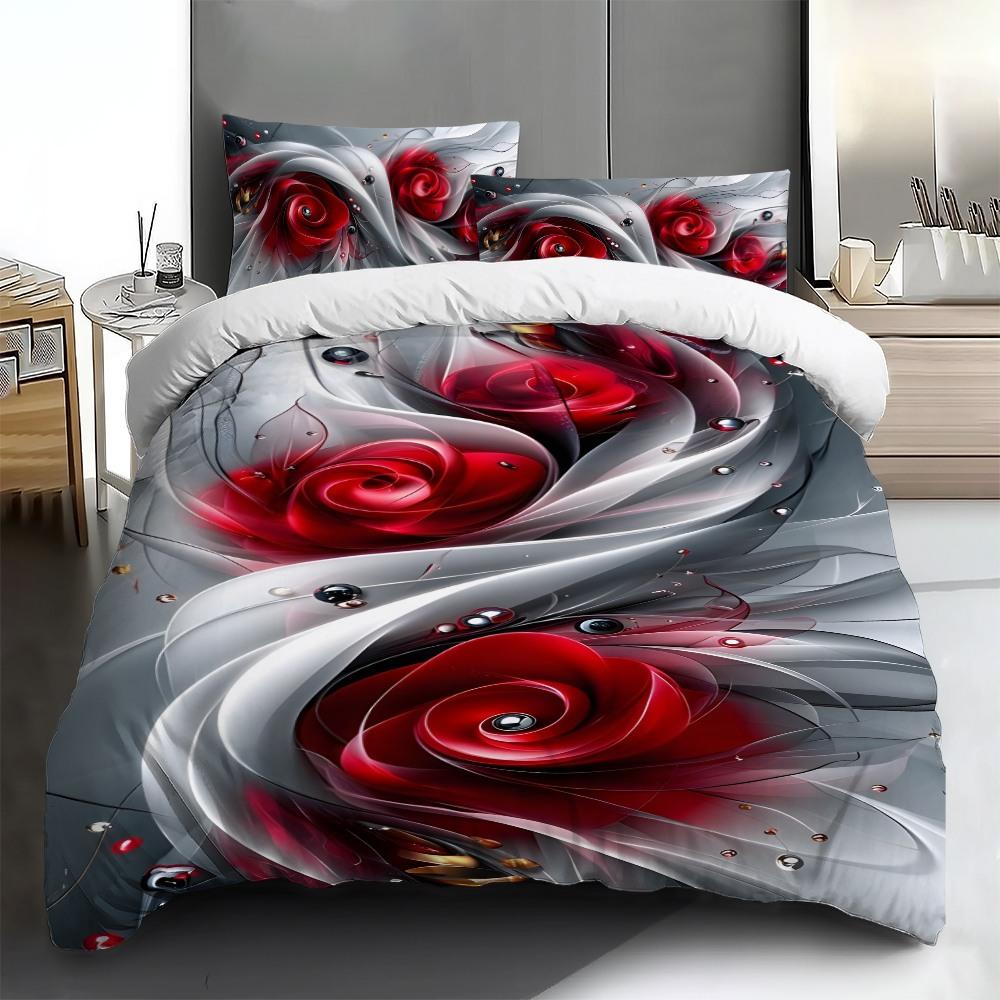 Three-piece bedding set - 2pcs/3pcs 2D Flat silver, white, and red rose abstract pattern duvet cover set (1 duvet cover + 1/2 pillowcases, no insert), multi-color printed bedding set, soft and comfortable, suitable for family bedrooms and guest rooms.