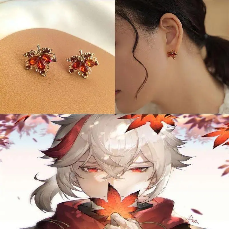 Anime  Genshin Impact Earrings Kaedehara Kazuha Zircon Maple Leaves Earpin Cosplay Party Accessories