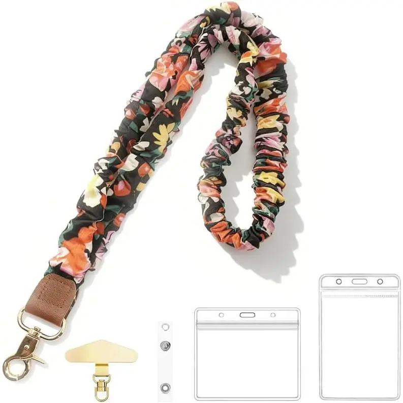 Scrunchie Lanyard for ID Badges Cellphone , Stretchy Lanyards for Teachers, Retractable Teacher  Lanyard with ID Card Holder Phone Tether for Women (Flower Color)