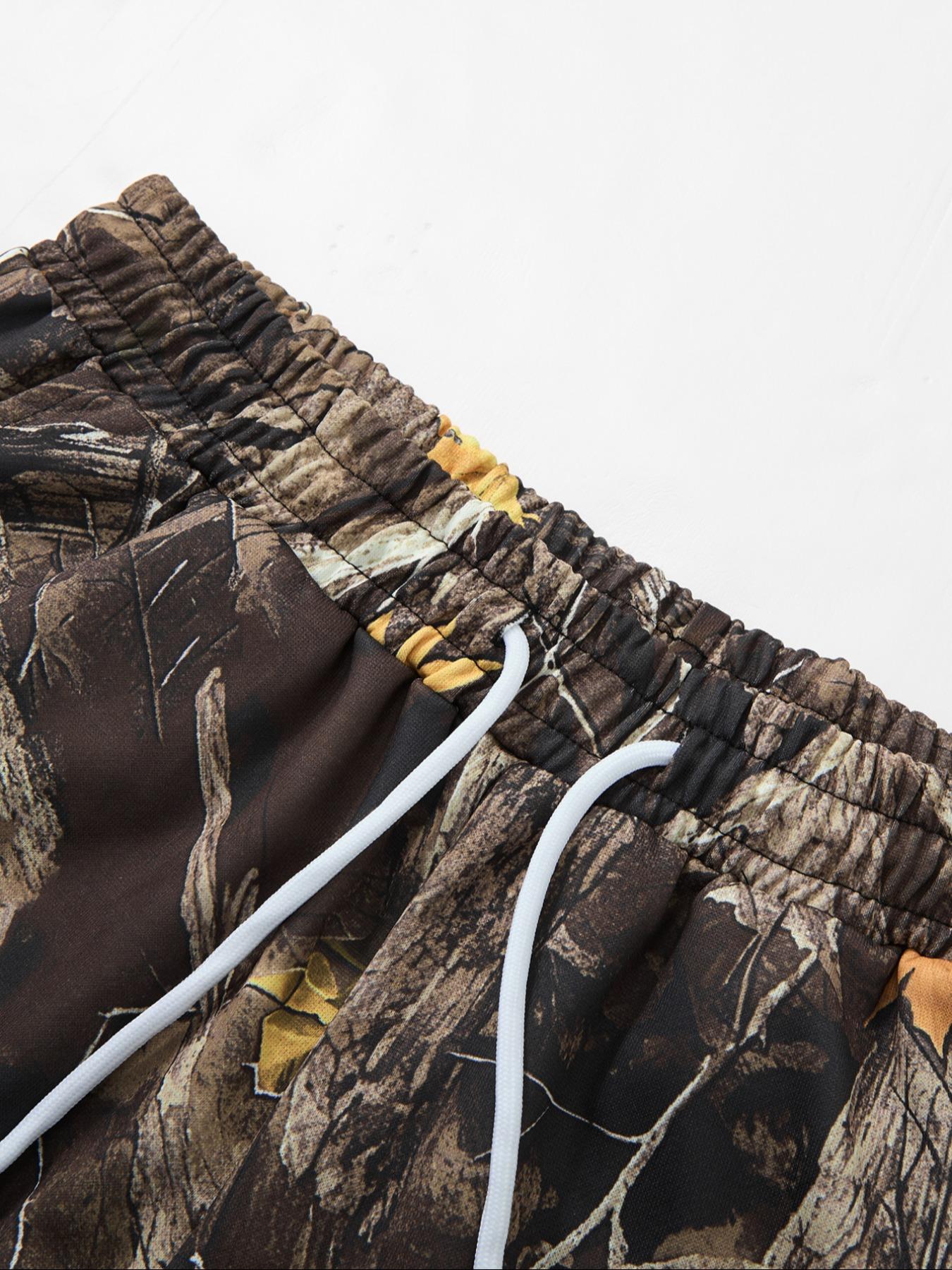 Men's Fashion Street Vintage Camo 2-Piece Set, Letter Print Short Sleeve T-Shirt & Leaf Camo Wide Leg Pants, Outdoor Adventure/street Style