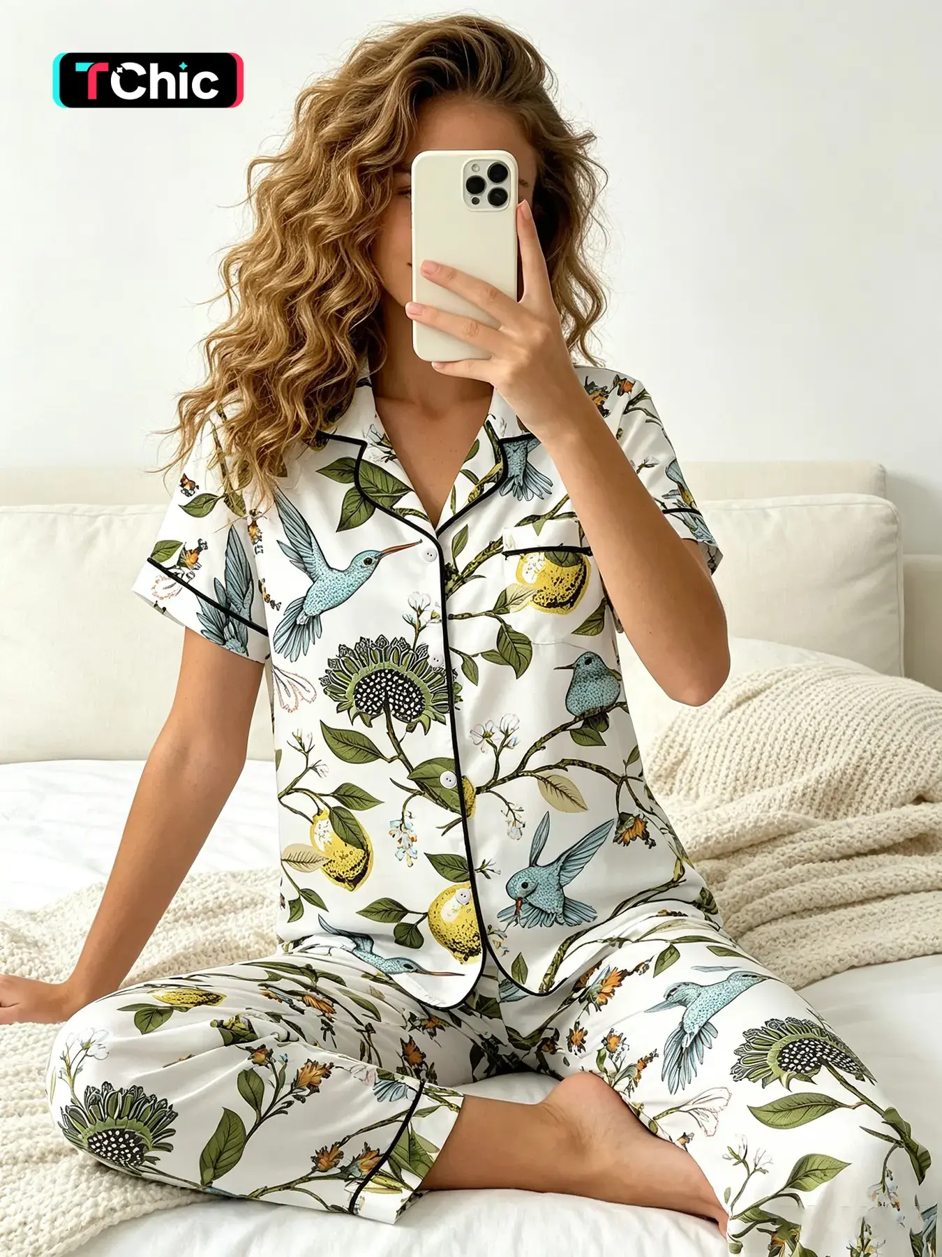 Women’s Short Sleeve Button Front Top & Long Pants Pajama Set, All Season Wear, Natural Botanical Bird Lemon Sleep Outfit With Trim Detail For Afternoon Tea, Binge Watching And Casual Home Gathering