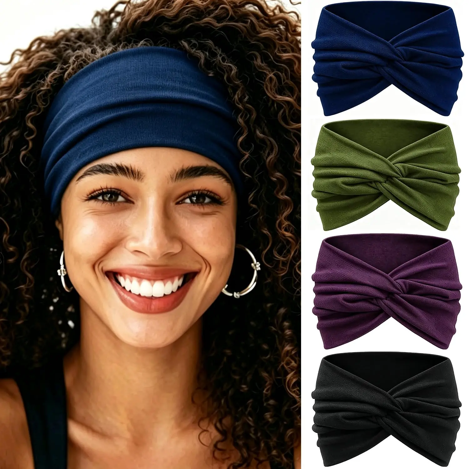 Extra Wide Headbands for Women Non-Slip, 7'' Large Twist Knotted Stretchy Wraps  Bands Hair Accessories, 4 Pack, Solid Color