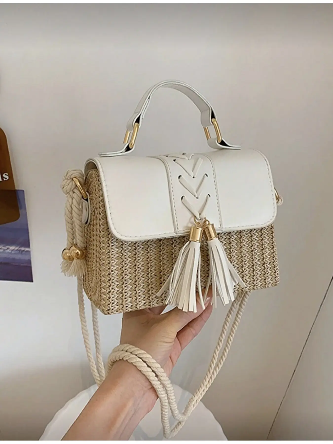 Women s Tassel Handbag Woven Rattan Straw Box Top Handle Bag Color Block Flap Crossbody Bag