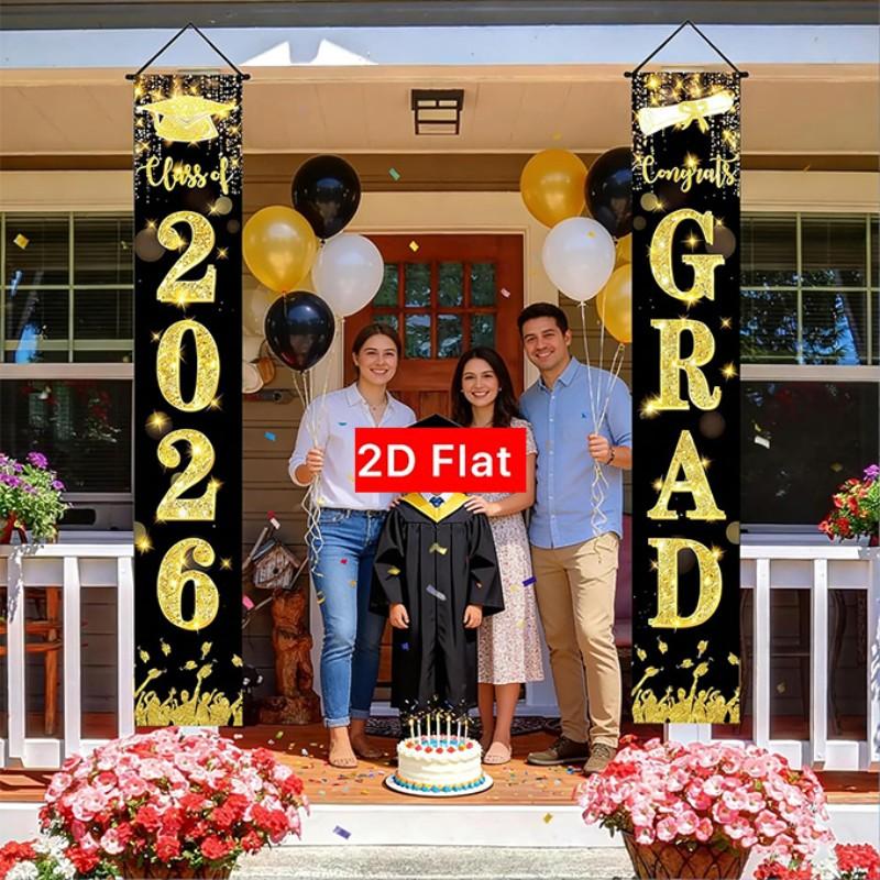 2D Flat Banner Door Sign 1 Pair, 2026 Graduation Porch Banner, Outdoor Gold Sparkle, Weatherproof Graduate Welcome Sign, High School Party Supplies