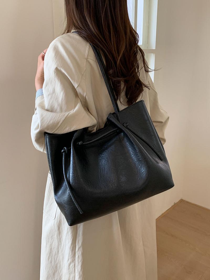 Texture casual and fashionable versatile shoulder bag, niche design retro large capacity underarm bag, generous temperament simple bucket bag, suitable for commuting to work, daily going out for classes, PU Tote Satchel