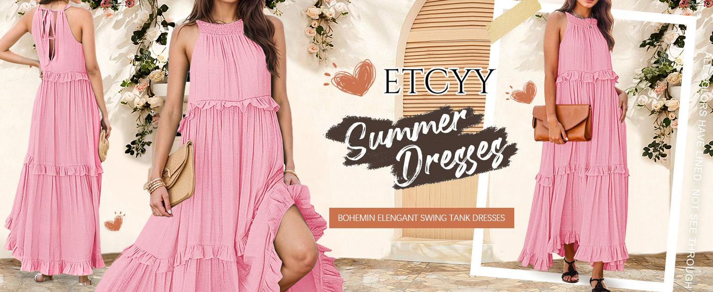 ETCYY NEW Women's Boho Maxi Summer Dress – Sleeveless Halter Neck Flowy Sundress with Ruffle Hem, Casual or Formal Beach Party Outfit – Basic Womenswear, Pink Minimalist Style