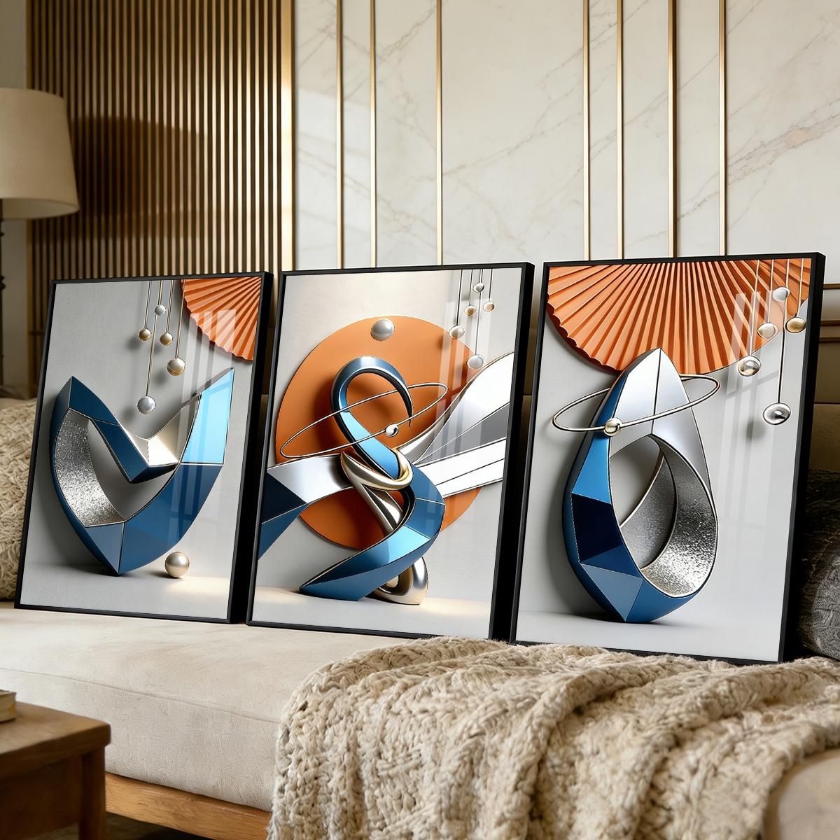 3 Counts Aluminum Alloy Framed Painting, Modern Geometric Abstract Metal Art Pictures, Home Decoration For Living Room, Bedroom, Office, Restaurant, Hallway Wall Decor, Odorless Print Artwork, Luxury Perfect Gift For Friends And Family