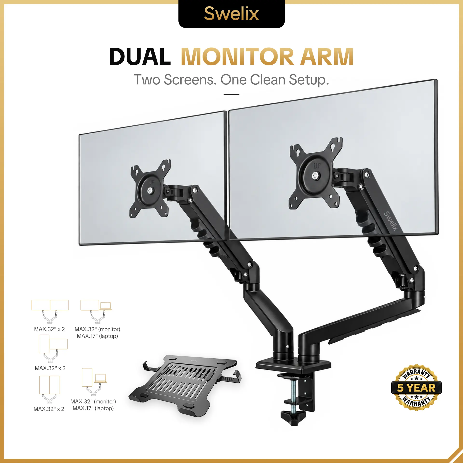 SWELIX Ergonomic Office Computer Monitor Stand with Laptop Tray - Gas Spring Arm, 32" Max Screen, 19.8lbs Max Load, C-Clamp/Grommet Mount, ABS, Assembly Required, Modern Home Office Furniture, Multiple Layouts for Gamers