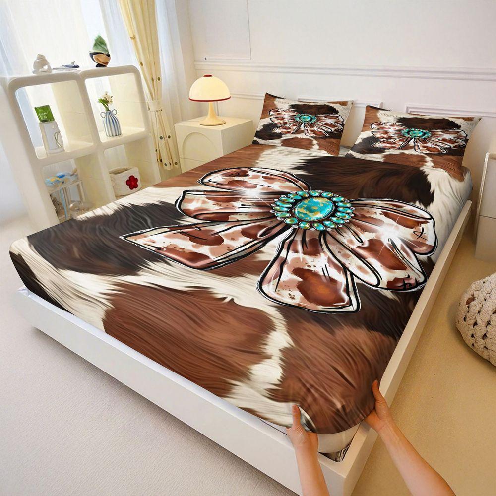 3Pcs Cowhide Pattern Bowtie Fitted Sheet Set, Decorative Bedsheet Sets, Bedroom Decor with Turquoise Stone Accents, Bedding Collection for a Comfortable Sleep Space, Lncludes 1 Fitted Sheet and 2 Coreless Pillowcases