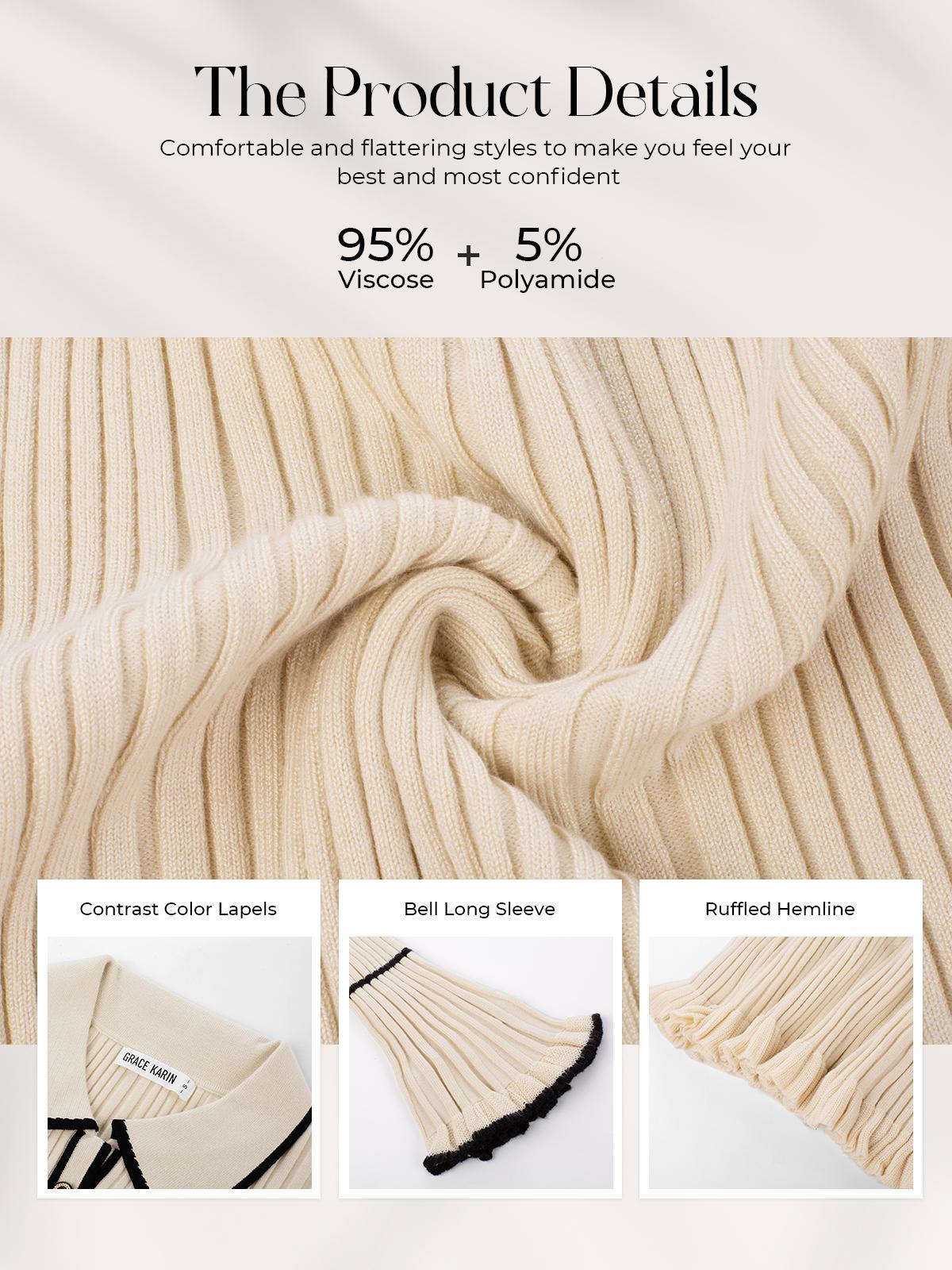 GRACE KARIN Women's Long Sleeve Sweater Dress Elegant Slim Fit V Neck Bodycon Pencil Knit Dress