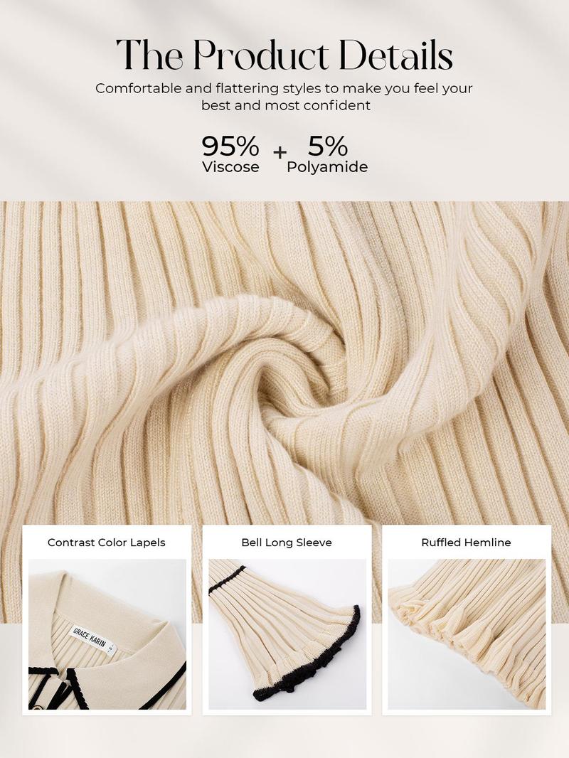 GRACE KARIN Women's Long Sleeve Sweater Dress Elegant Slim Fit V Neck Bodycon Pencil Knit Dress