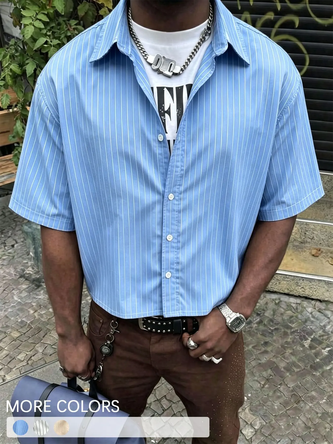 Men American Retro Street Y2K Cropped Short‑Sleeve Shirt, Vertical Stripe Lapel Button‑Front Cardigan, Ideal For City Daily Commuting, Stylish Layered Outfits, Casual Street Walks, Fashion Street Shoots