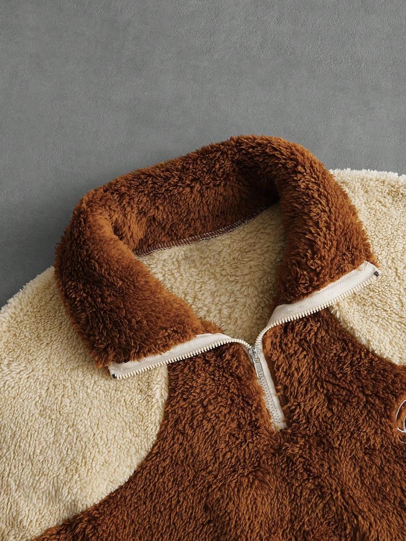 Men's Vintage Color Block Fleece Jacket, Half-Zip Stand Collar, Cozy Warmth for Casual Street Style, Perfect for Spring & Fall Men's Vintage Color Block Fleece Jacket, Half-Zip Stand Collar, Cozy Warmth for Casual Street Style, Perfect for Spring & Fall