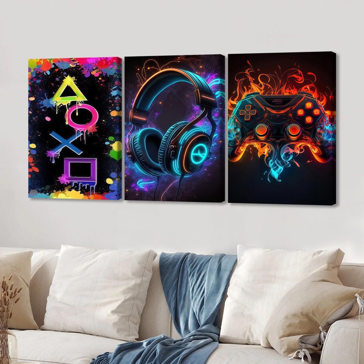 3-count wooden frame canvas, neon ink-wash game buttons, headphone controllers, e-sports triple poster, fashionable art, modern art, home decoration painting, Framed Home Decor, exquisite living room, bedroom and office wall art, waterproof art