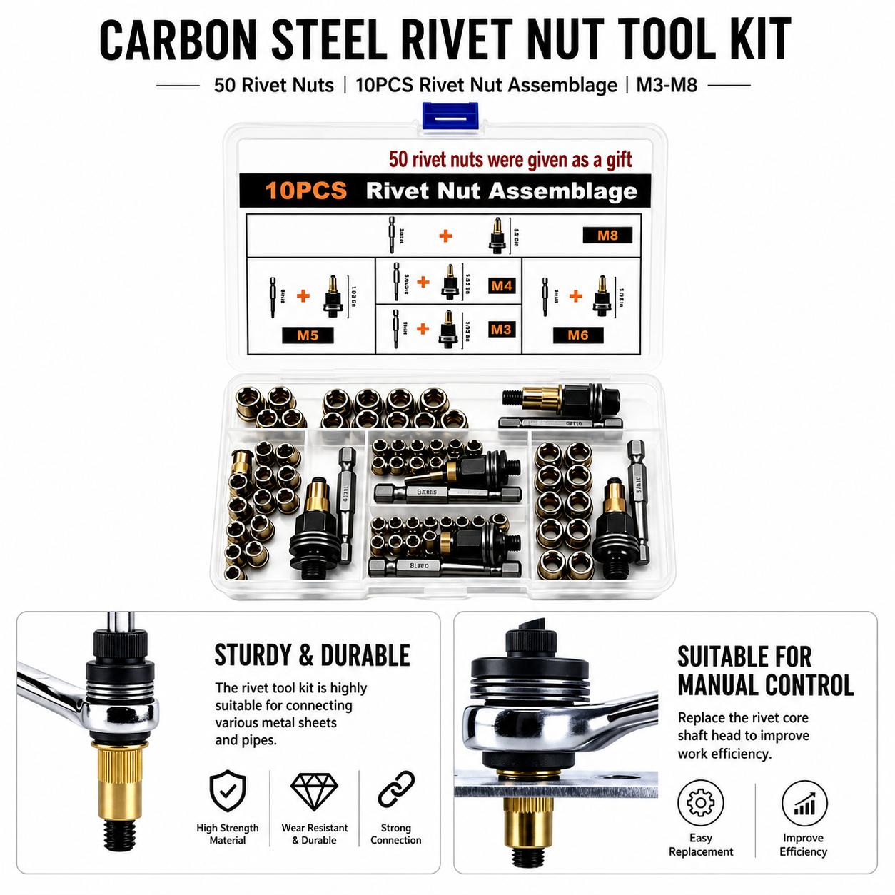 Head Rivet Nut Tool, M3 M4 M5 M6 M8 Rivnut Kit, Carbon Steel Rivnut Set, Threaded Rivet Nut Kit, Manual Riveter Rivnuts Tool Accessory for Automotive Repair Warehouses-YY1