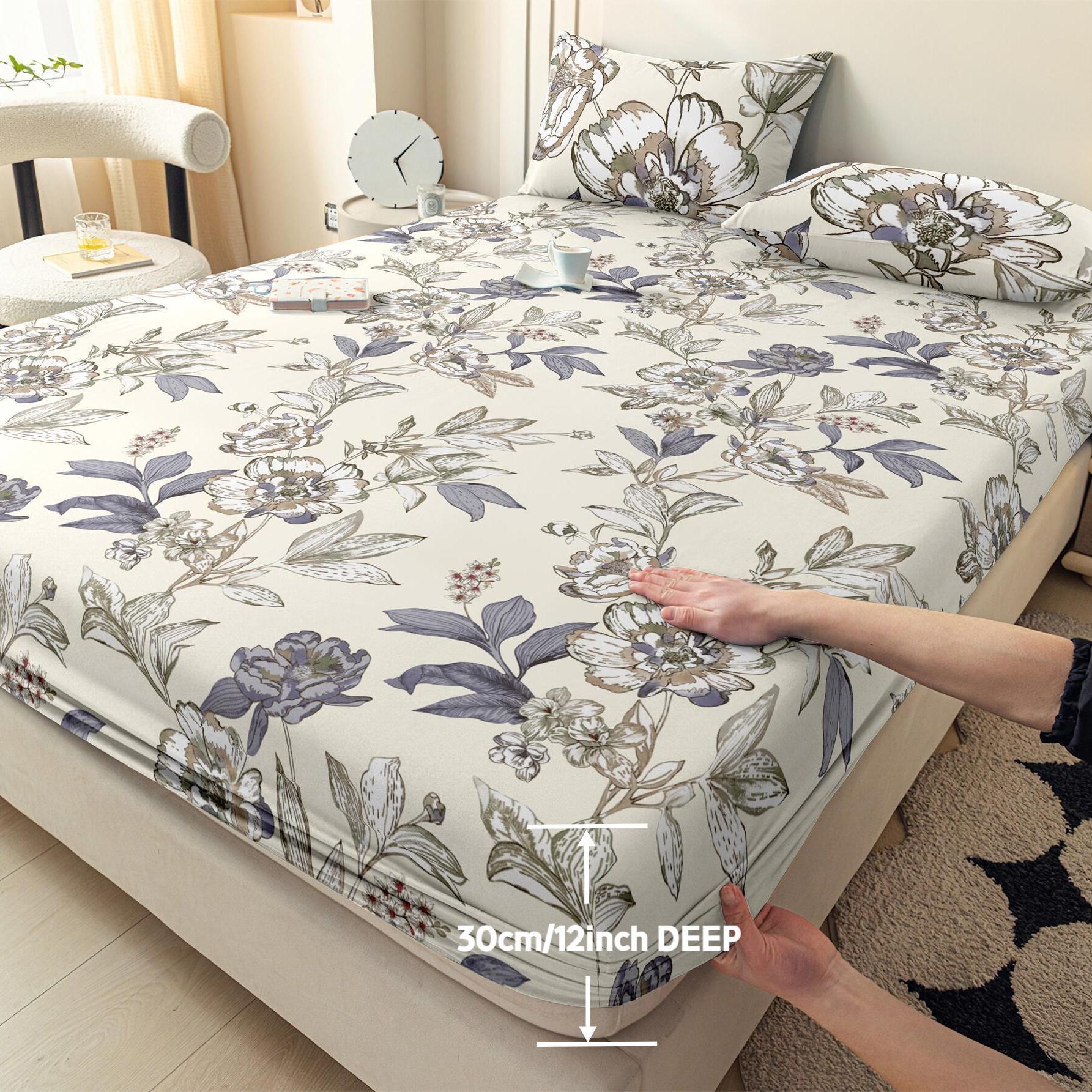 Floral Pattern Polyester Bedding Set, 3 Counts/set Including 1 Count Fitted Sheet & 2 Counts Pillowcase without Filler, Soft Comfortable Bedding Set for Bedroom, Decorative Bedsheet Sets