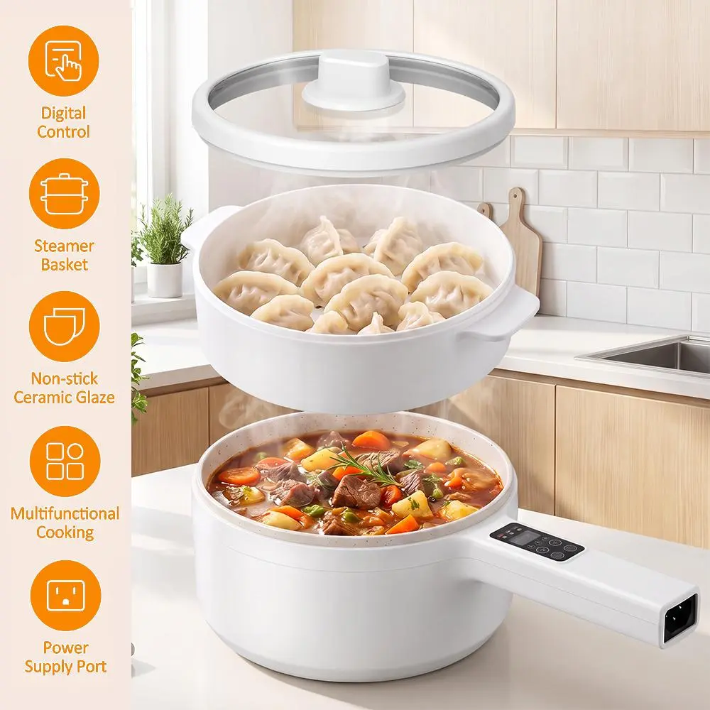 Modern 2L Non-Stick Ceramic Coating Electric Hot Pot with Steamer Basket - 300W/600W Dual Power Digital Control, Timer, Removable Cord, Mini Rice Cooker for Home Cooking, Ramen, Stew (White)
