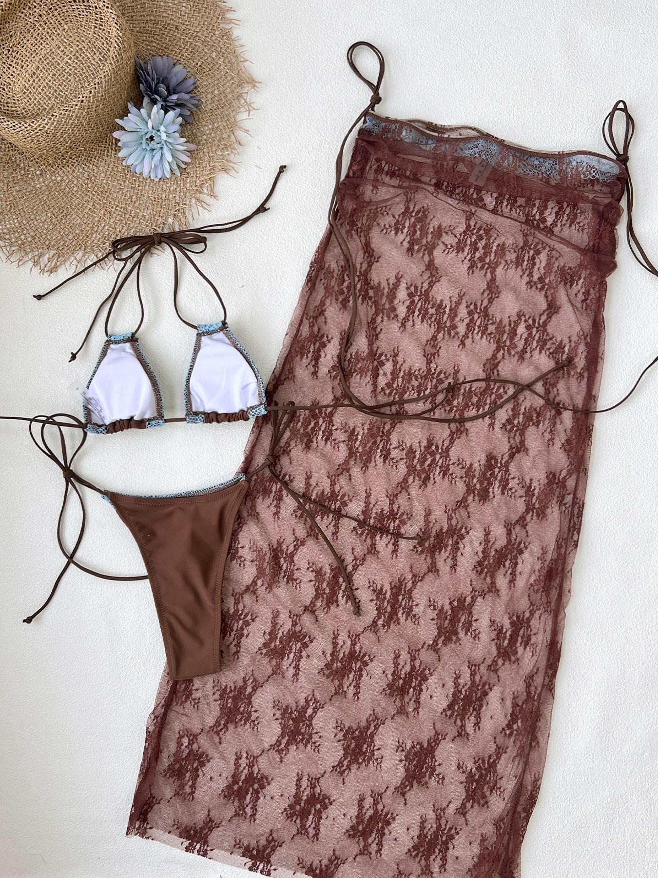 Women's Lace Patchwork Bikini Set, Sexy Long Dress Triangle Swimwear, Beach Party Three-Piece Swimsuit, Holiday Swimming