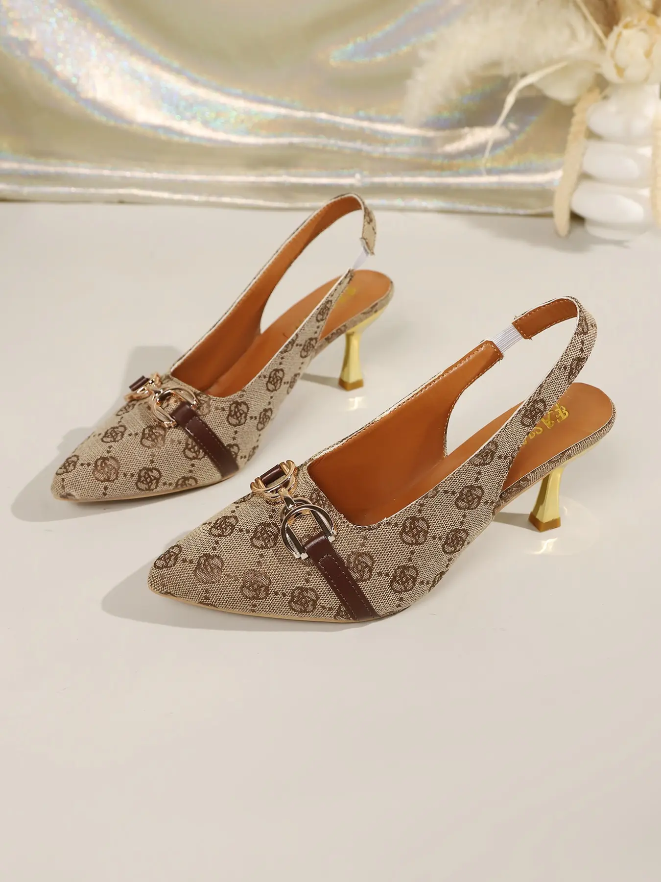 Women's Slingback Pumps, Pointed Toe Kitten Heel Dress Shoes, Metal Buckle Monogram Print, Elegant Footwear for Special Occasions